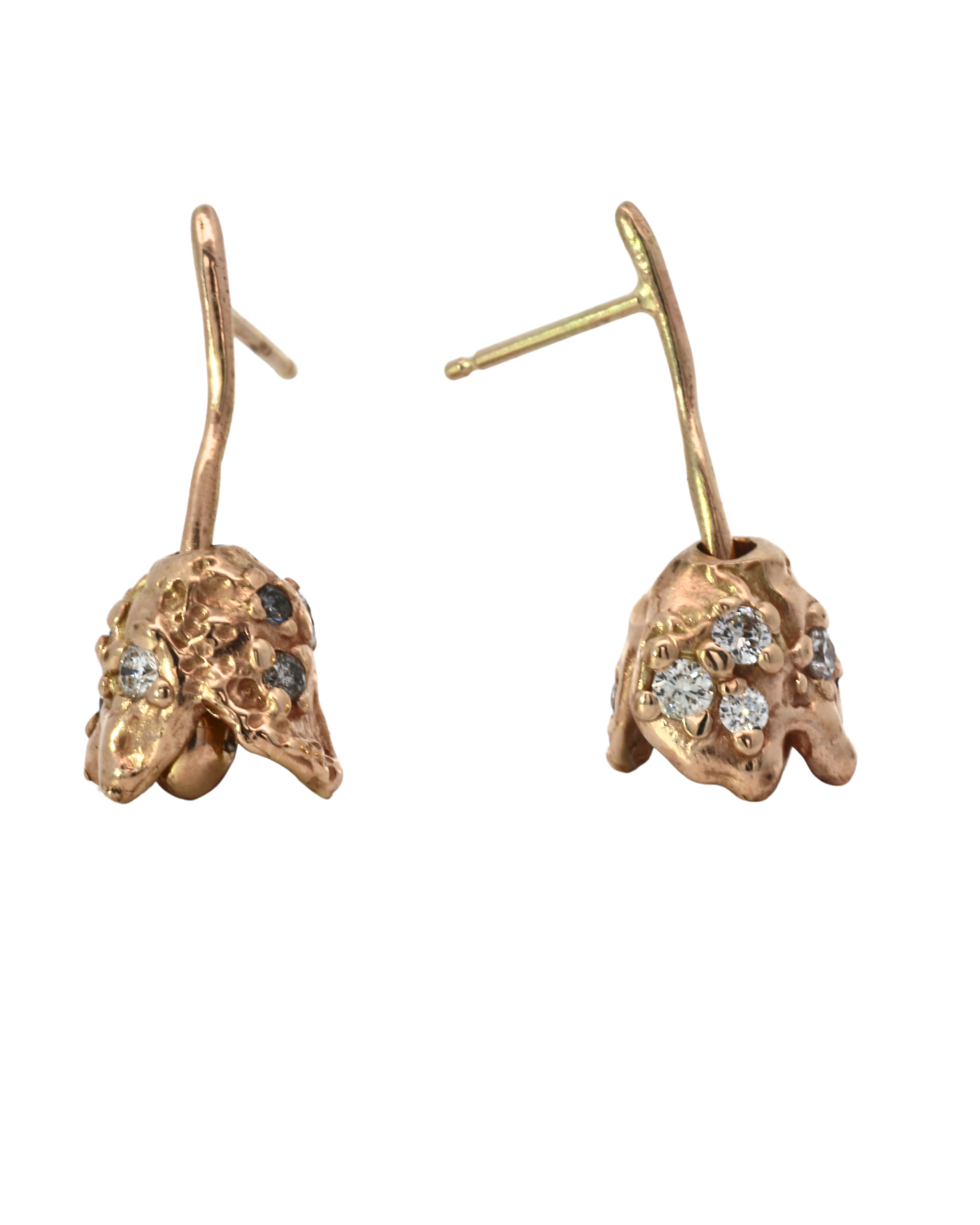 ROTA II earrings in 14K gold with rotating bell-shaped petals and diamonds