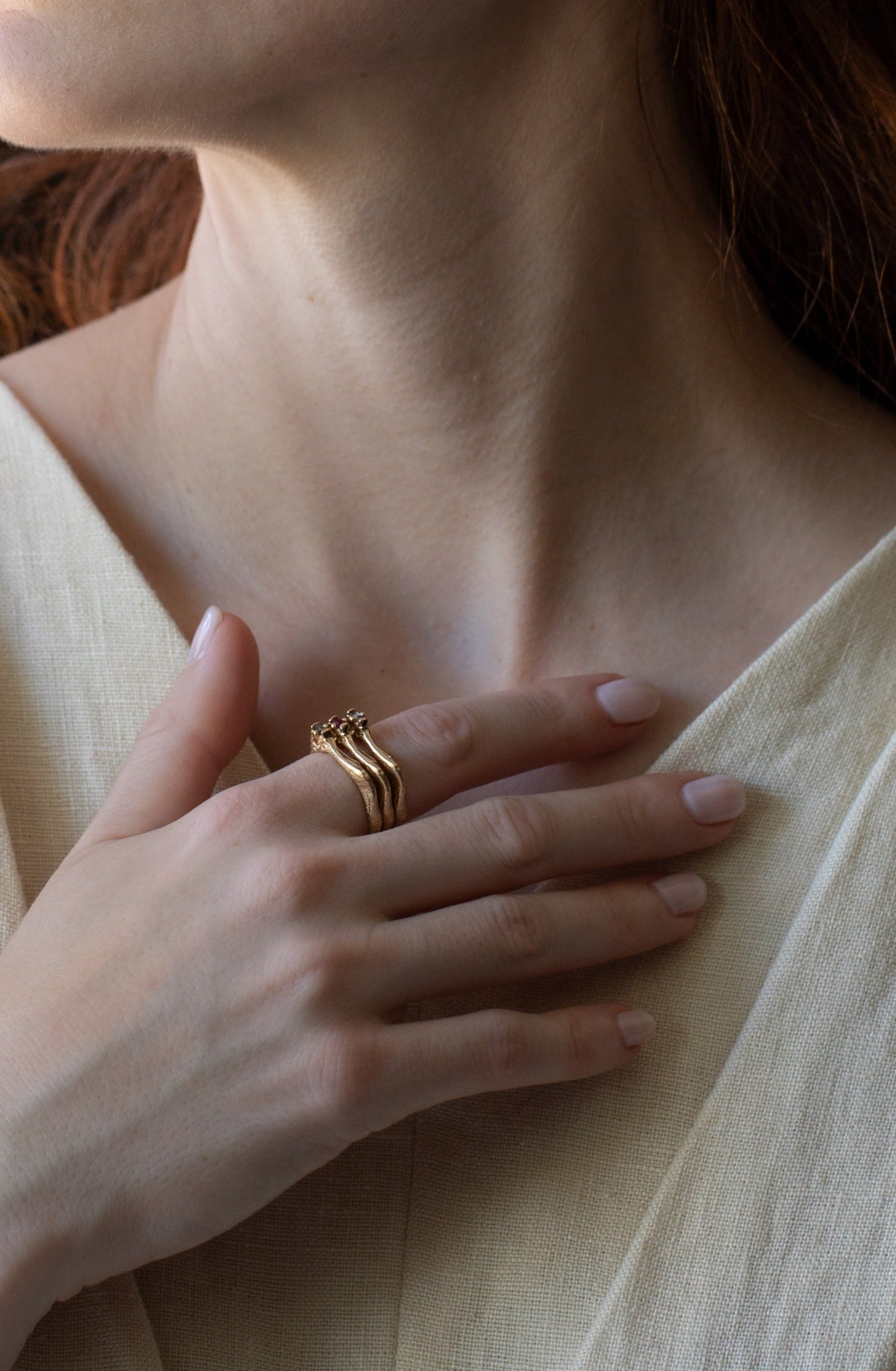 diamond ruby and sapphire wavy band ring stack lost wax cast in 14k gold