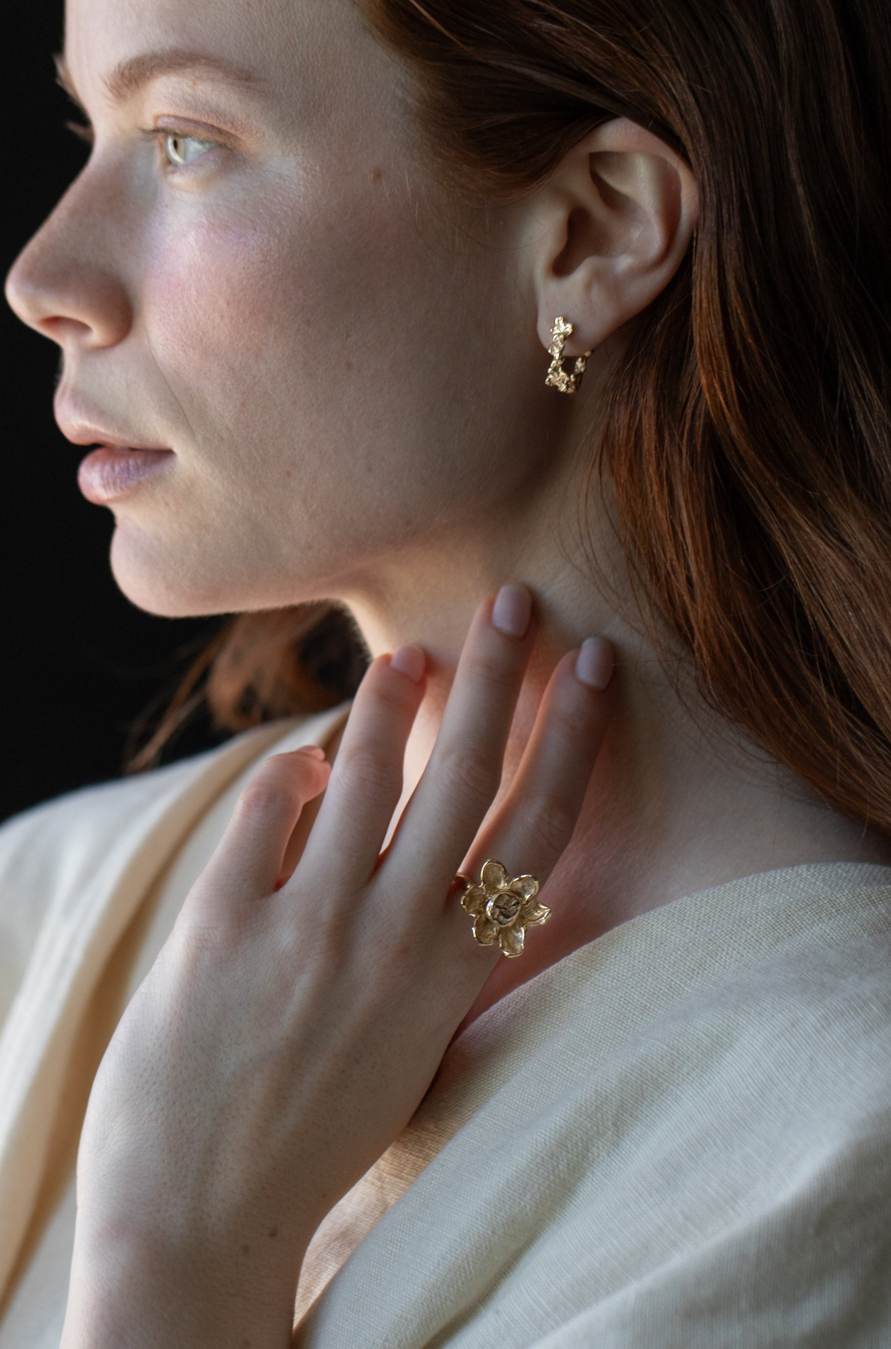 giant flower statement ring lost wax cast in 14K solid gold jewelry collection