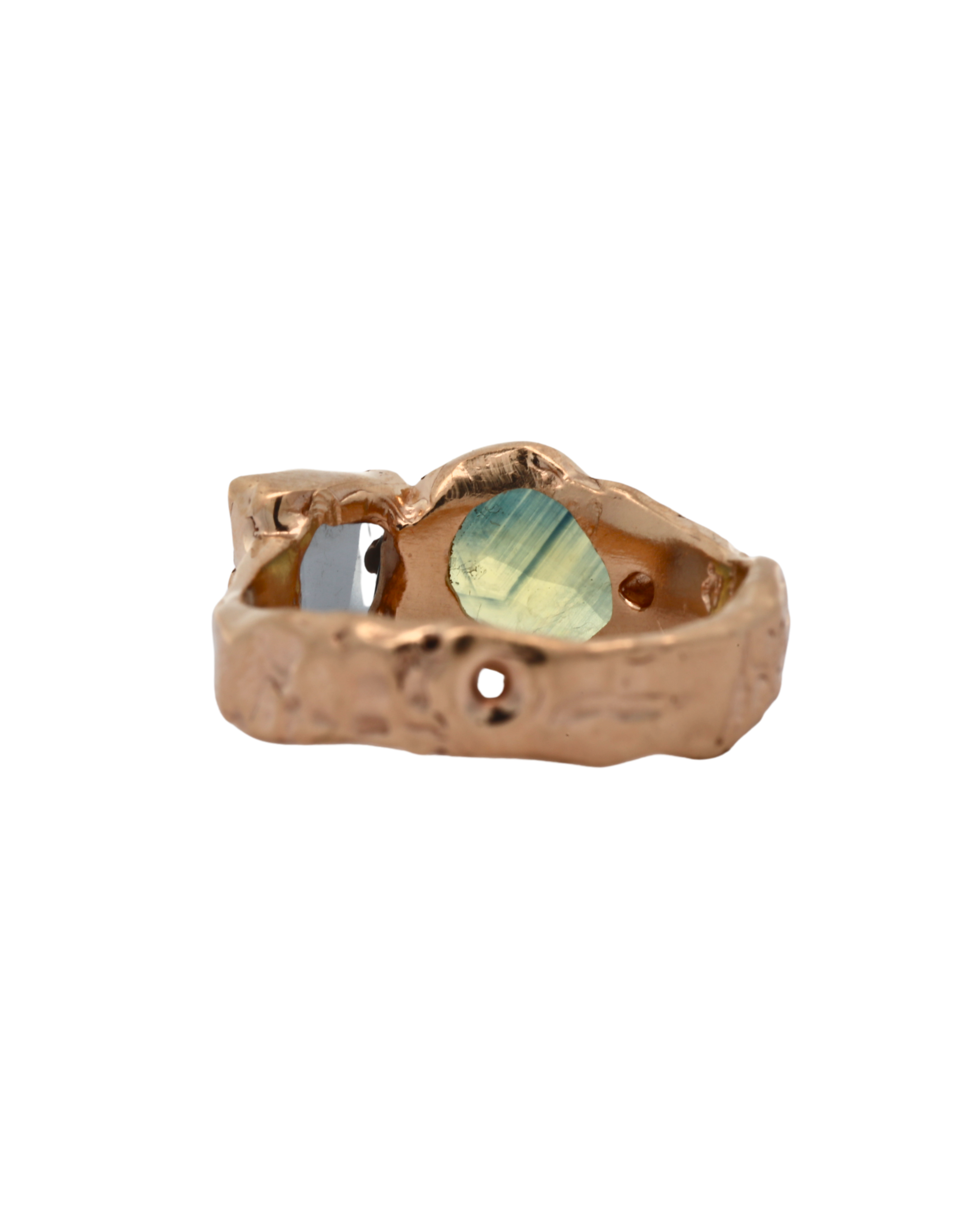 Side view of No. 84 OOAK Ring highlighting pear-shaped sapphire and portrait cut spinel