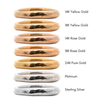 14k yellow gold vs. 14k rose gold vs. 18k yellow gold, platinum, and pure 24k gold. an image showing these metals side by side.
