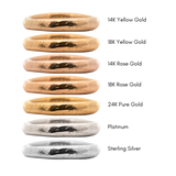 14k yellow gold vs. 14k rose gold vs. 18k yellow gold, platinum, and pure 24k gold. an image showing these metals side by side.