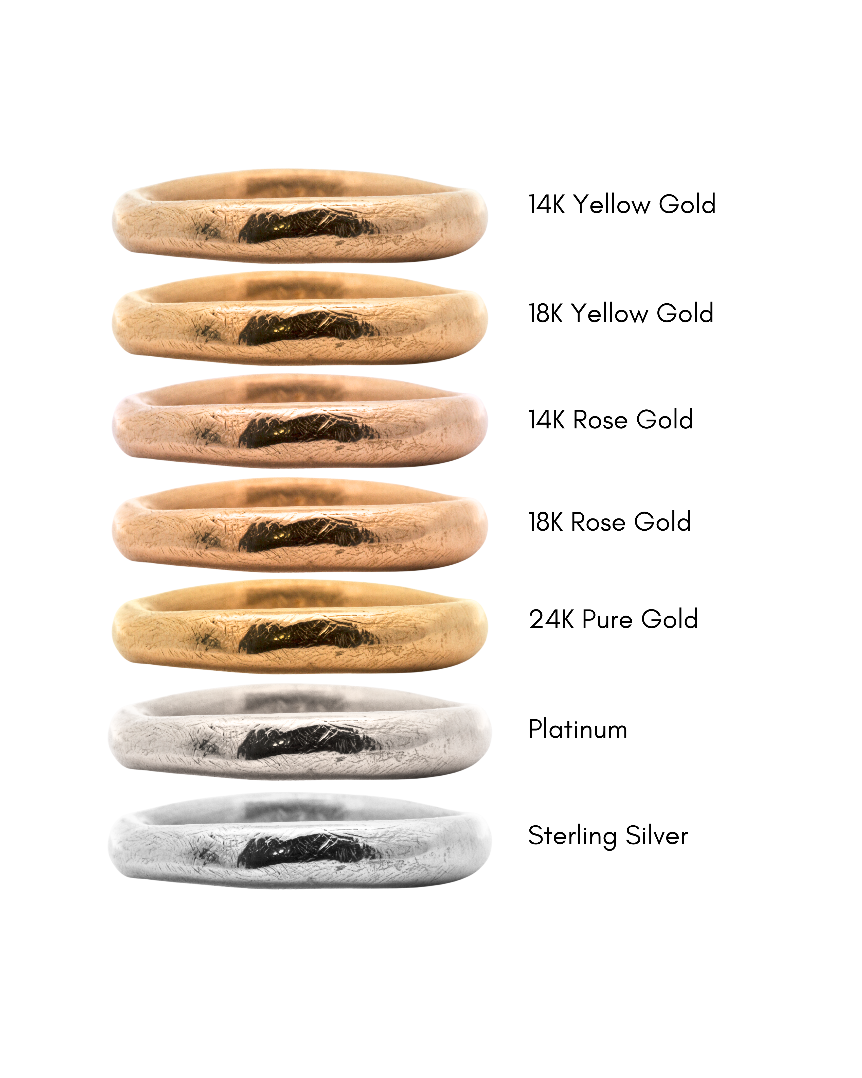14k yellow gold vs. 14k rose gold vs. 18k yellow gold, platinum, and pure 24k gold. an image showing these metals side by side.