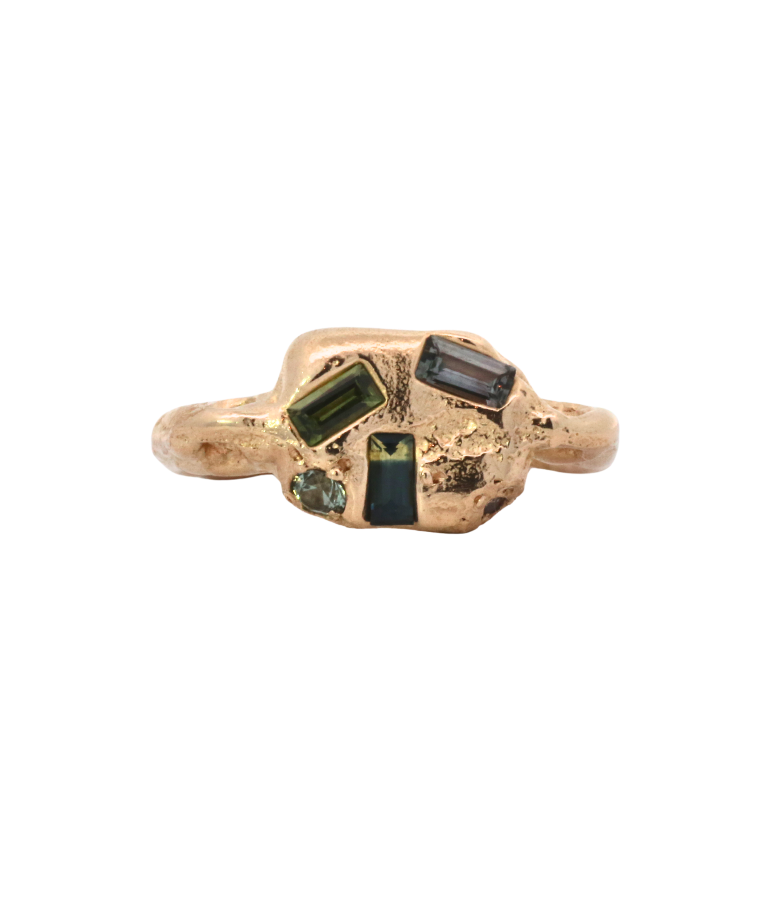SEB Pinky Ring in 14K Fairmined gold with sapphires, sand cast