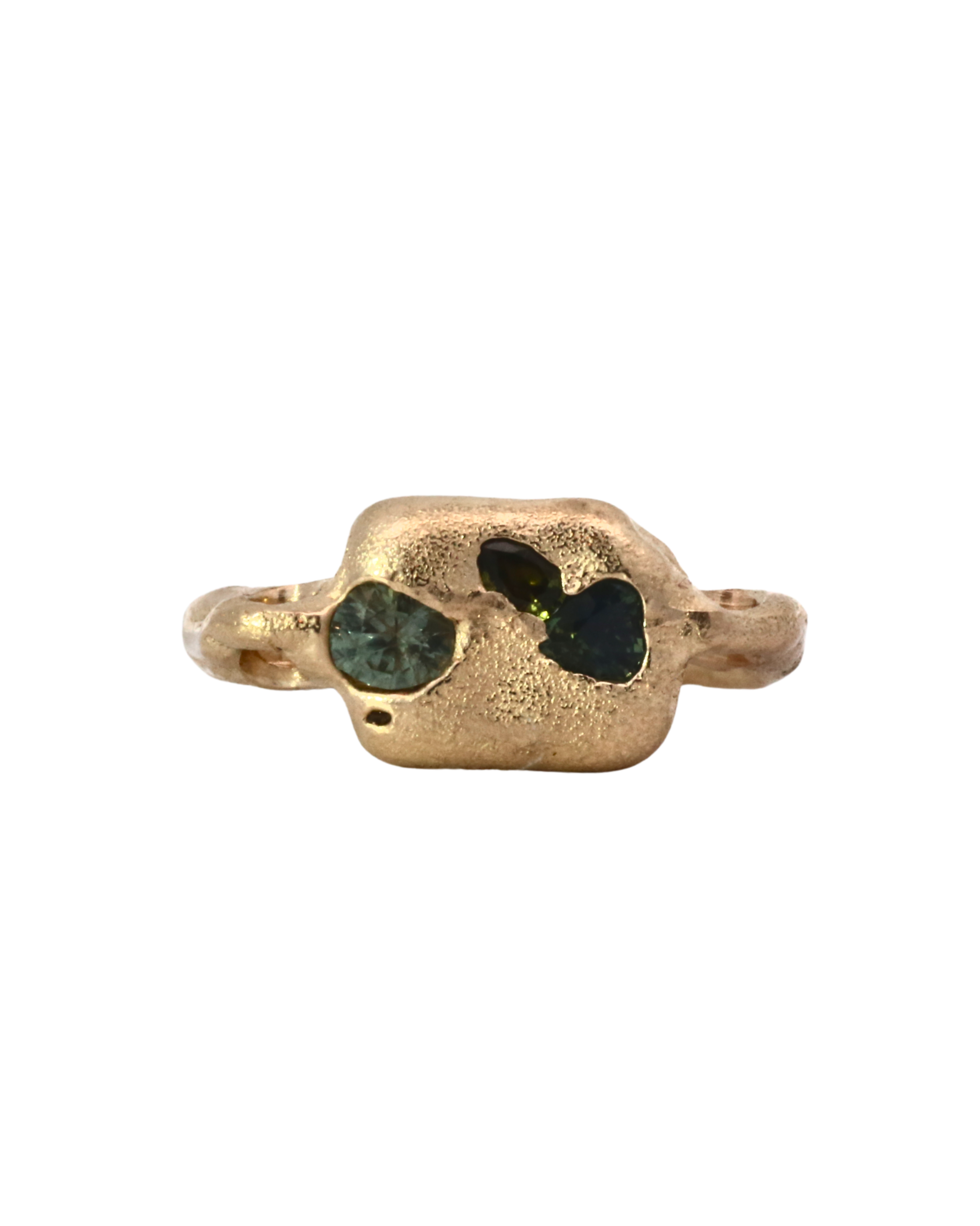 SEB Pinky Ring in 14K Fairmined gold with sapphires, sand cast
