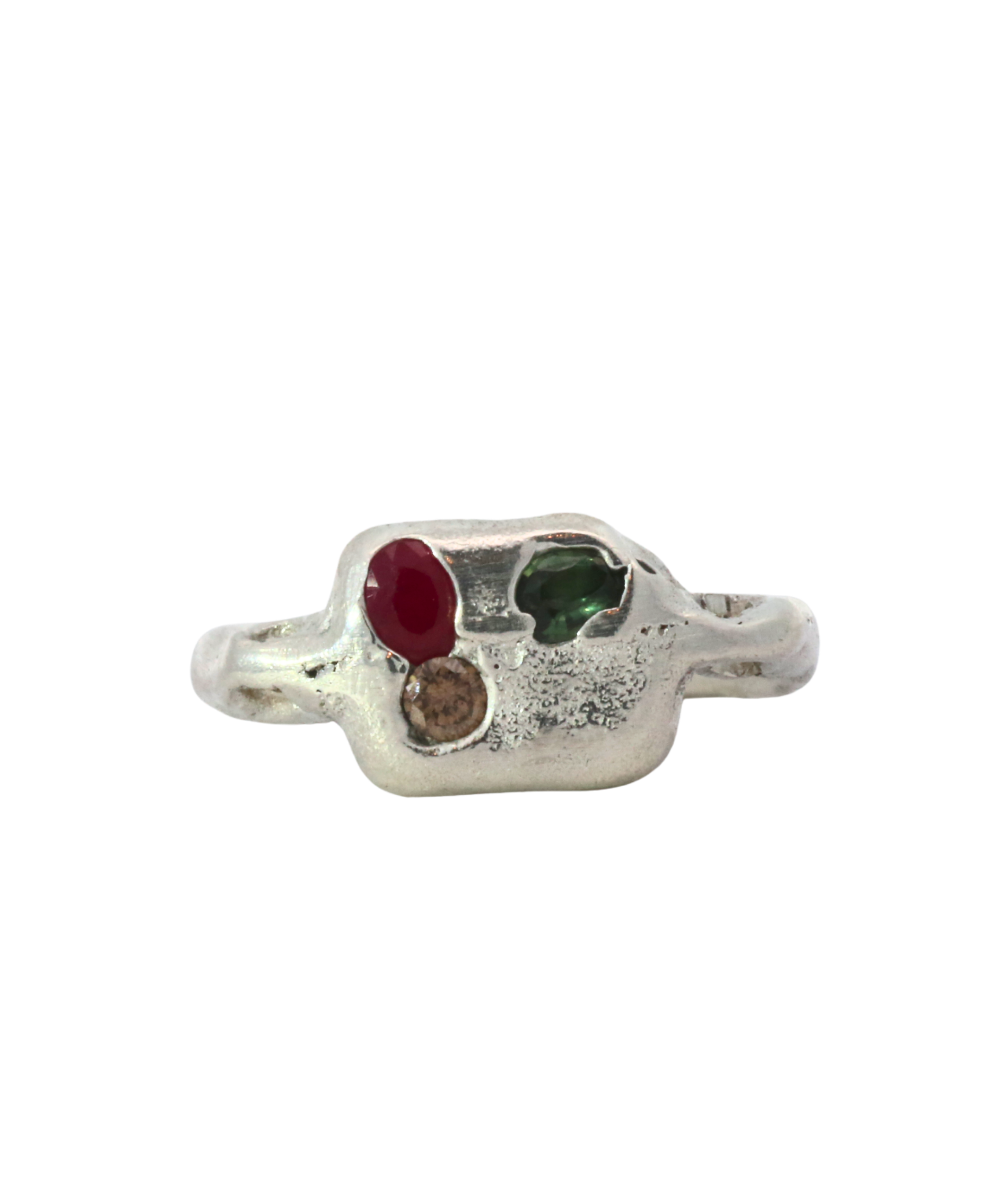 SEB Pinky Ring in recycled sterling silver with sapphires and ruby, sand cast