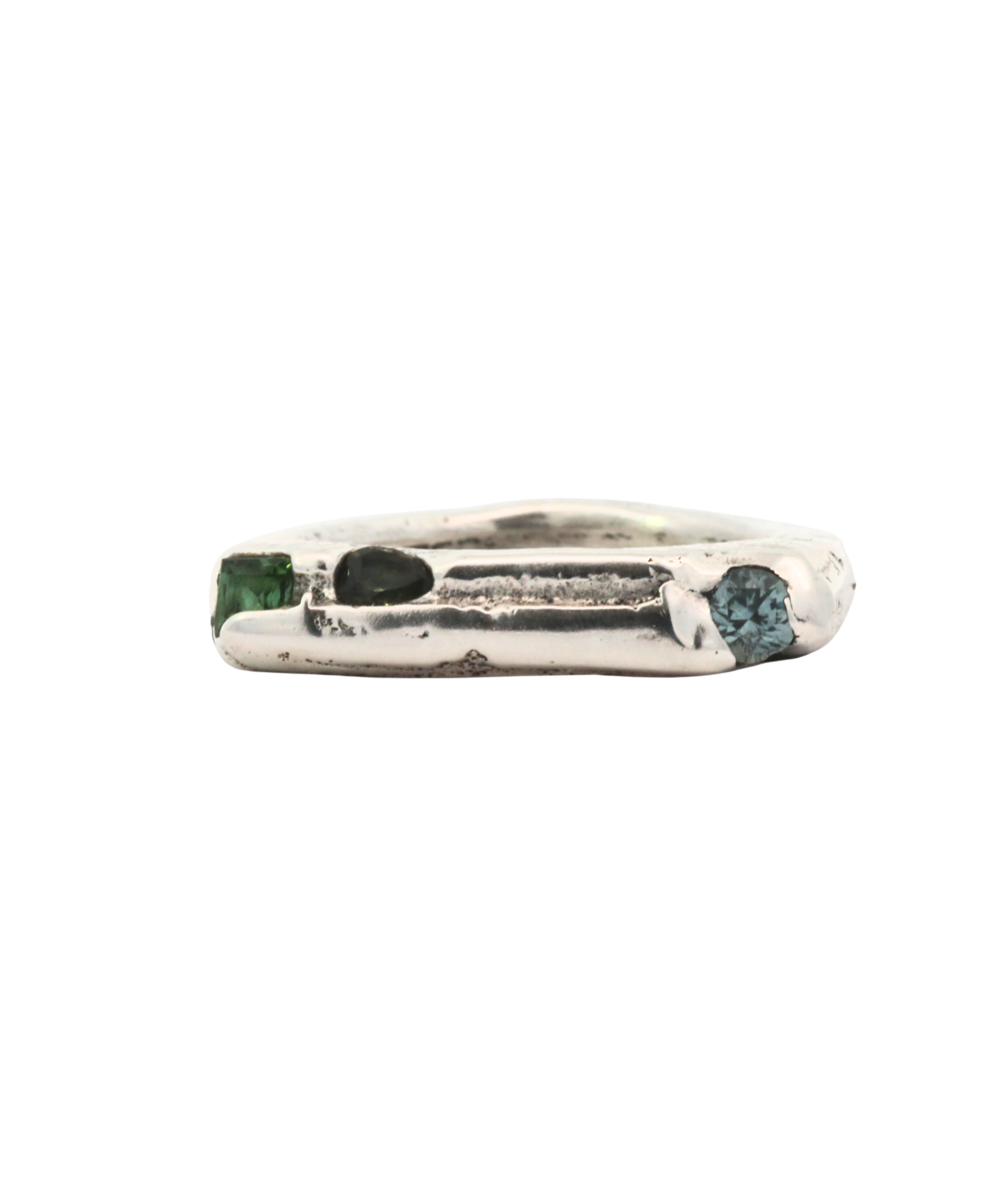 WORKSHOP RING in recycled sterling silver with raw diamond and sapphires, sand cast
