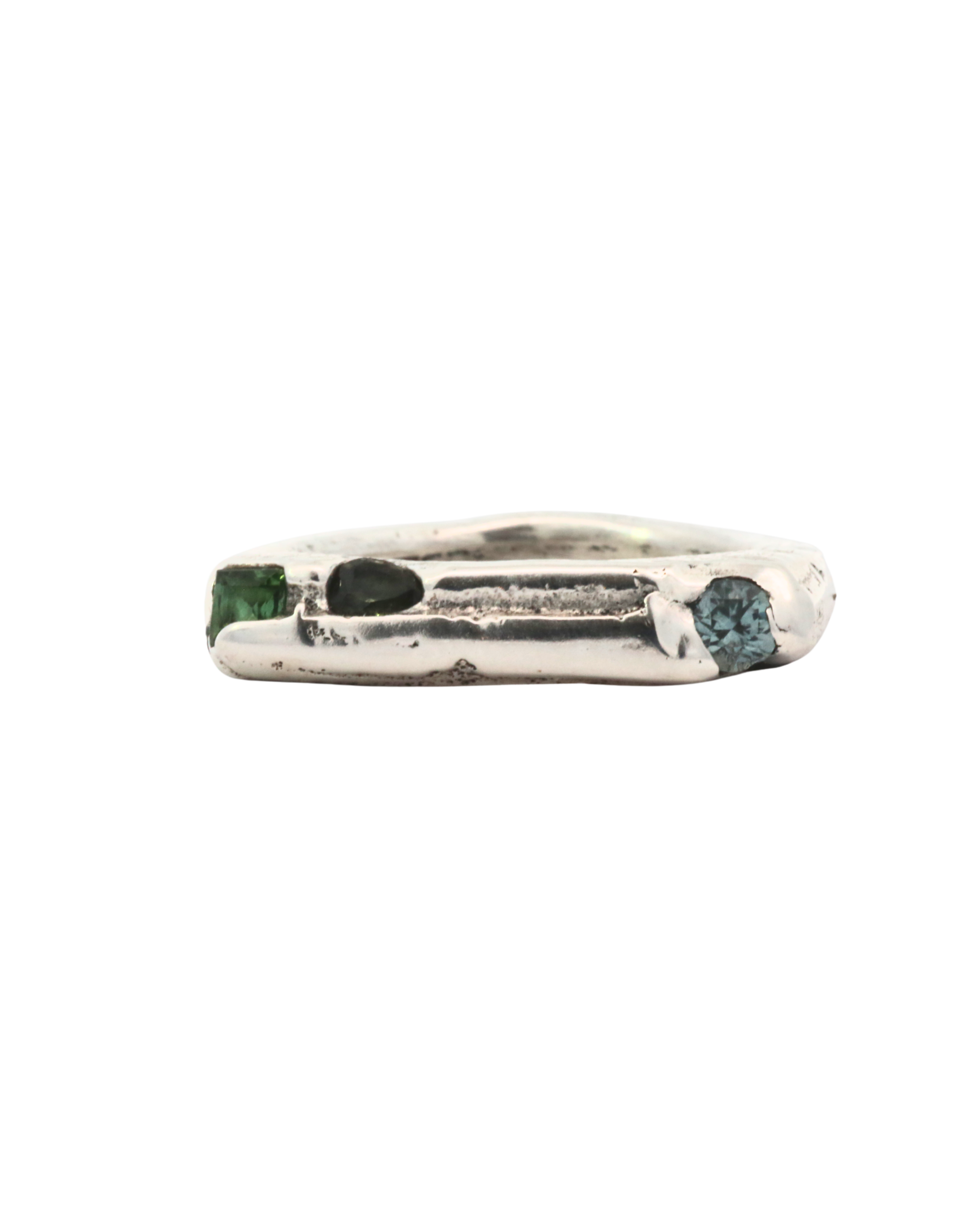 WORKSHOP RING in recycled sterling silver with raw diamond and sapphires, sand cast