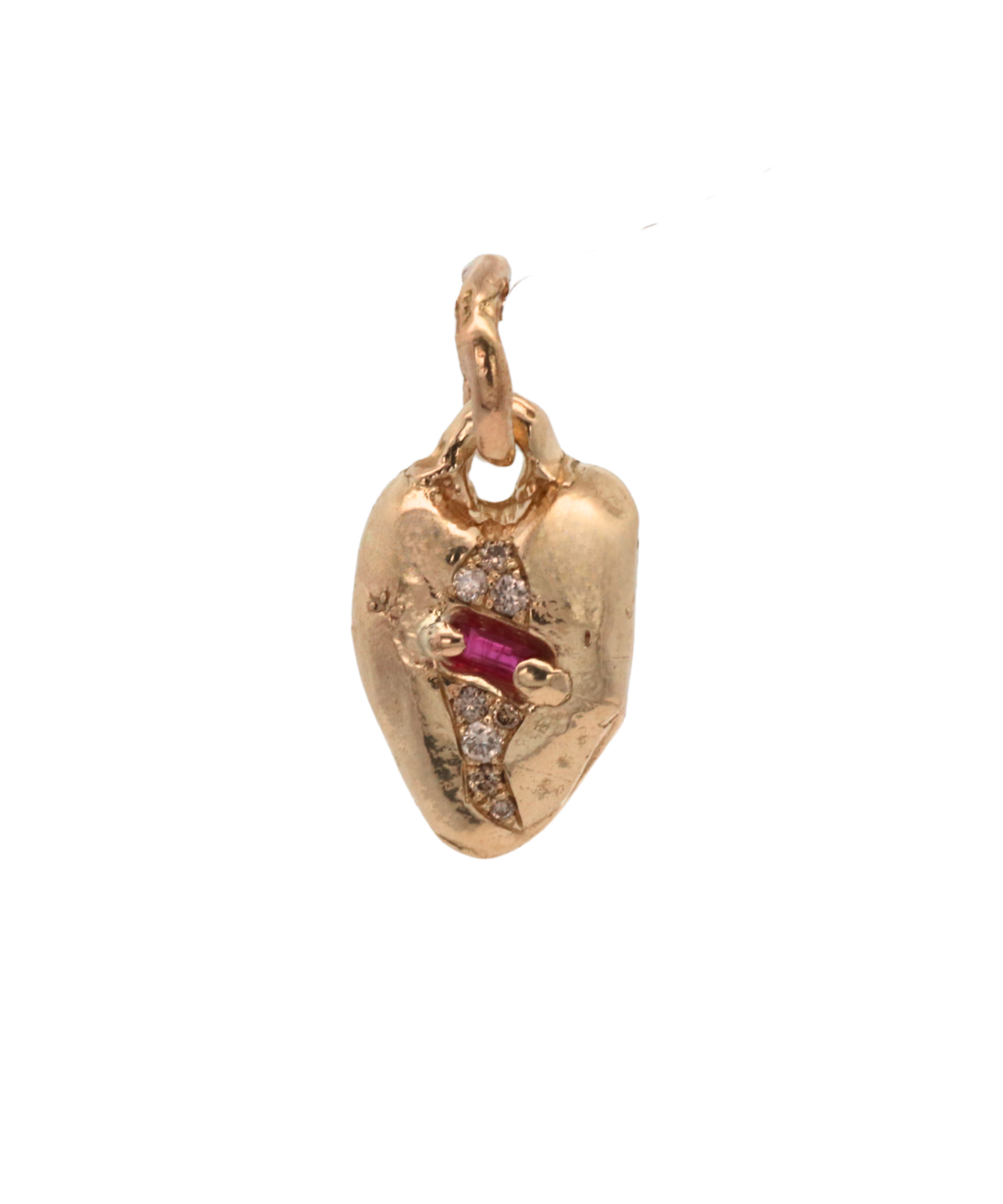 Heart Pendant Charm in 14K Fairmined gold with ruby and diamonds, lost wax cast