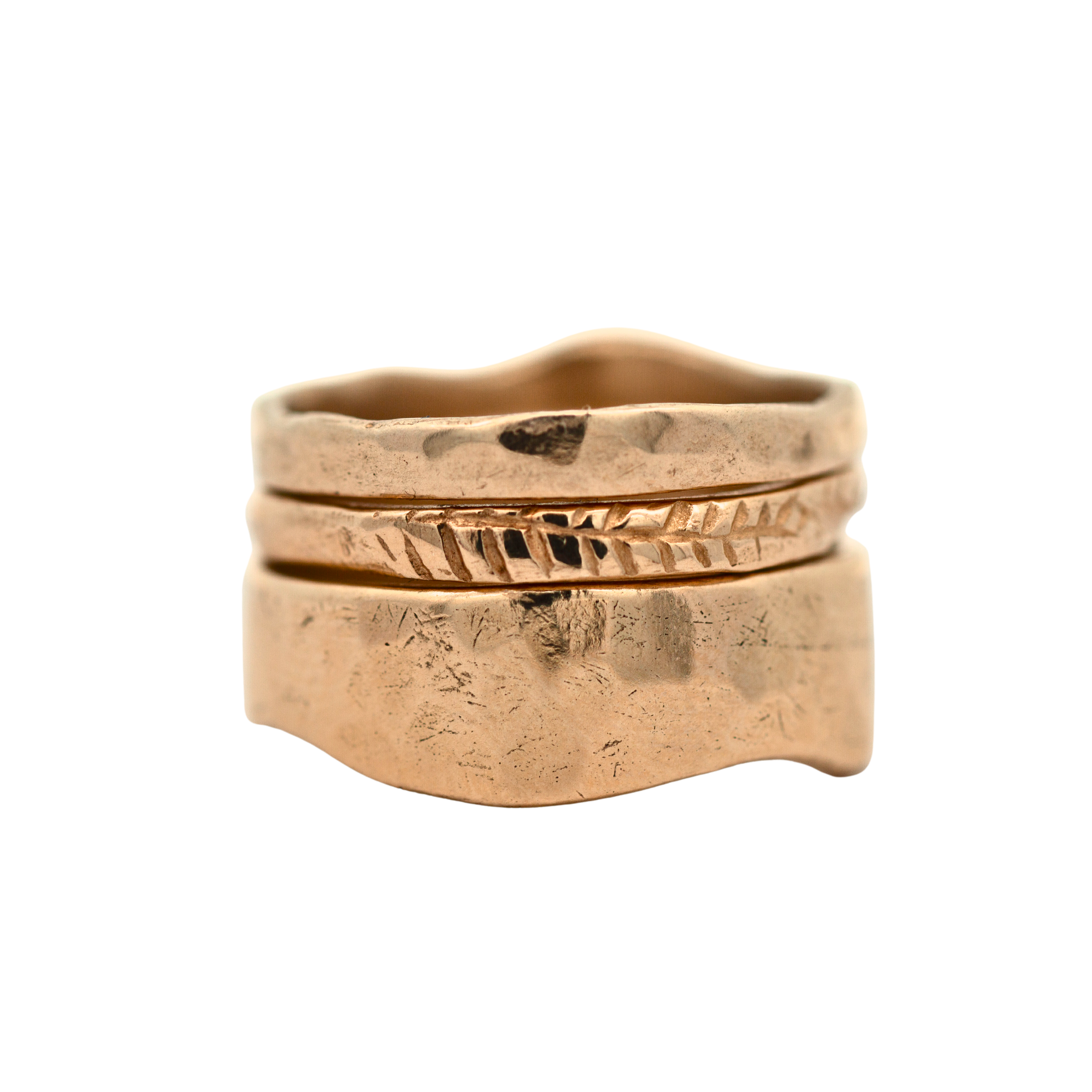 Close-up of Hand-Carved FERN Stacker Ring Showcasing Textured Design