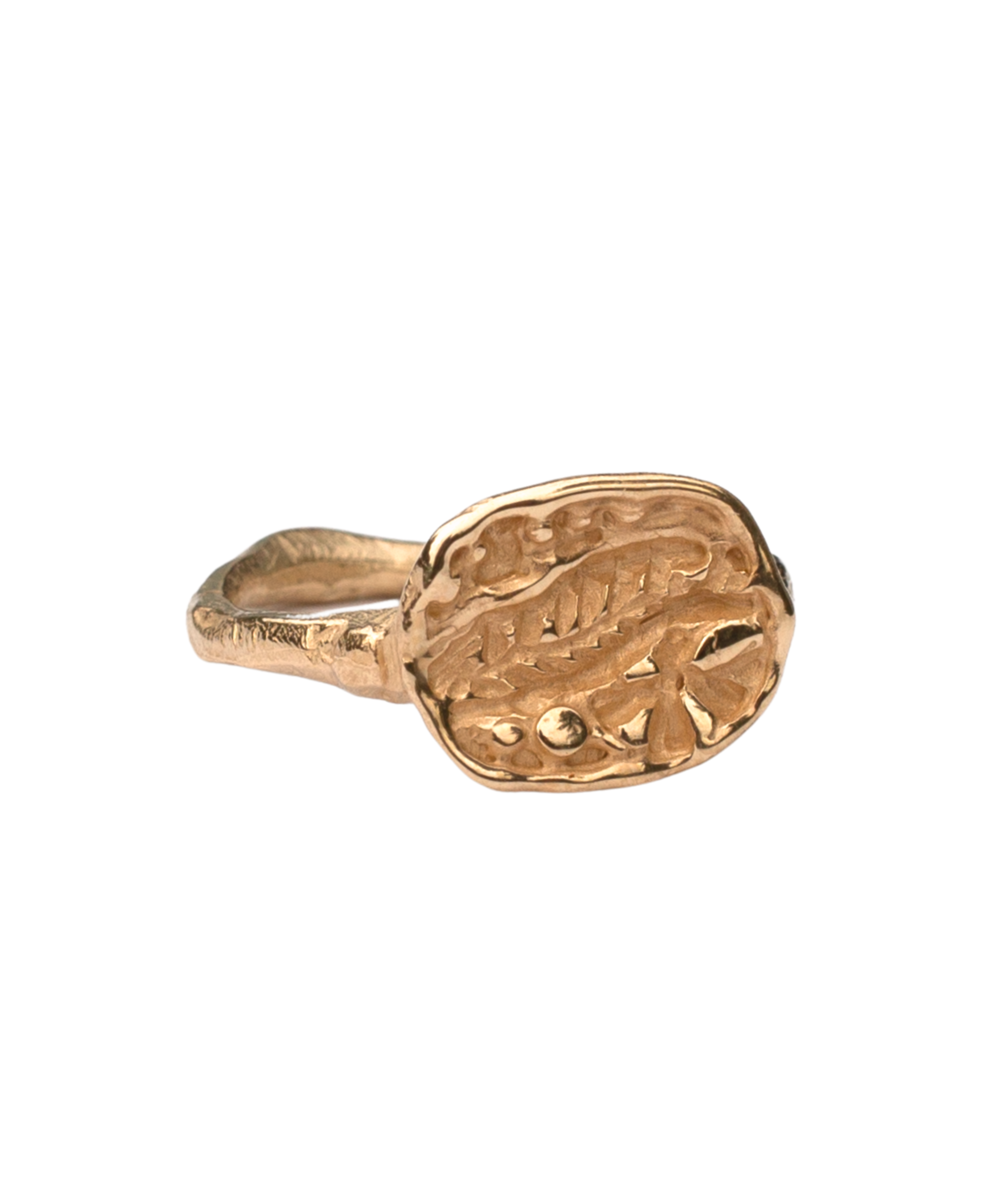 Close-up of Hand-Carved FRIKA Ring Featuring Fossil Fern and Floral Design

