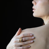 Close-up of Hand-Carved GLENR Dome Rings with Sculptural Design