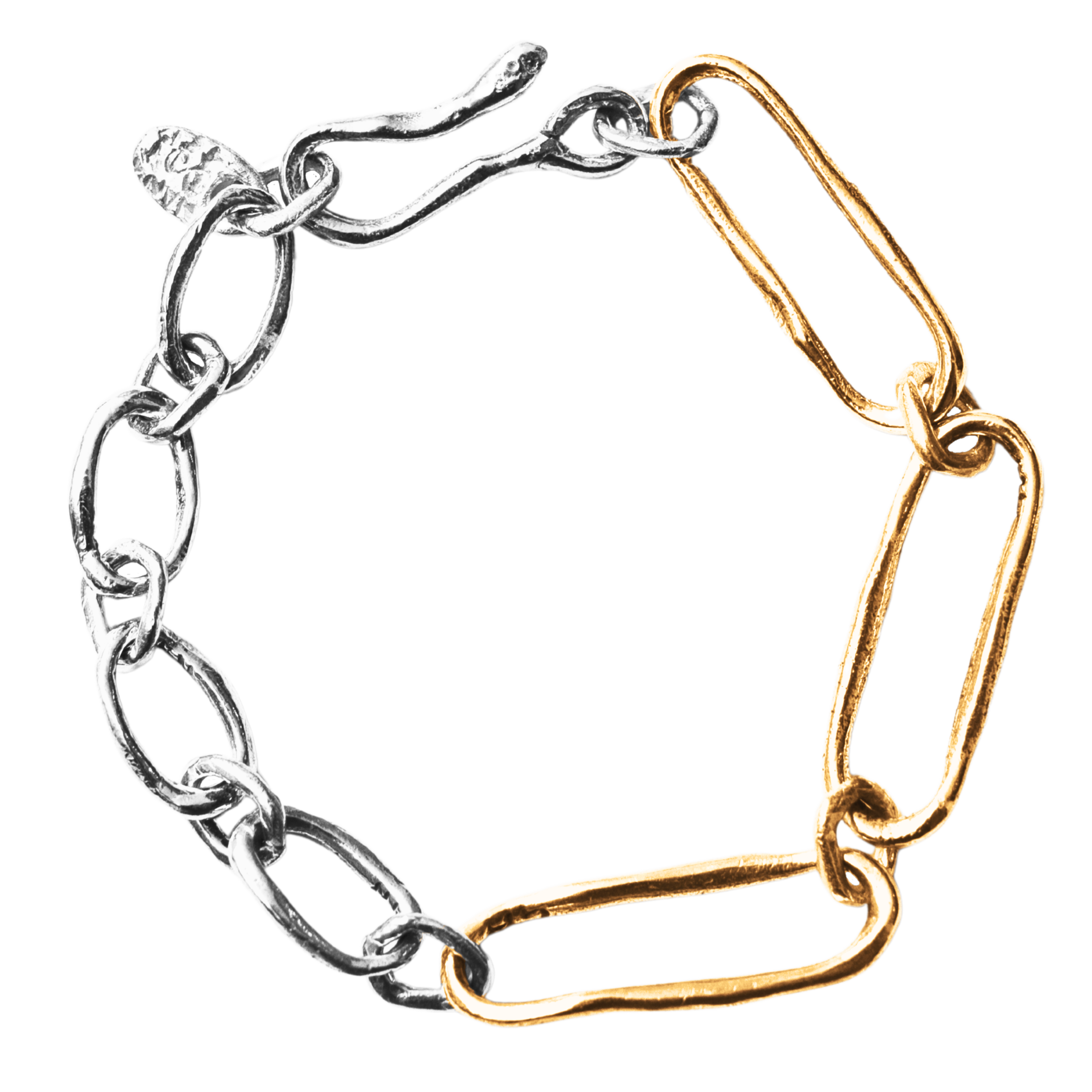 Close-up of Hand-Carved Mixed INGA Link Bracelet Showcasing Sculptural Design