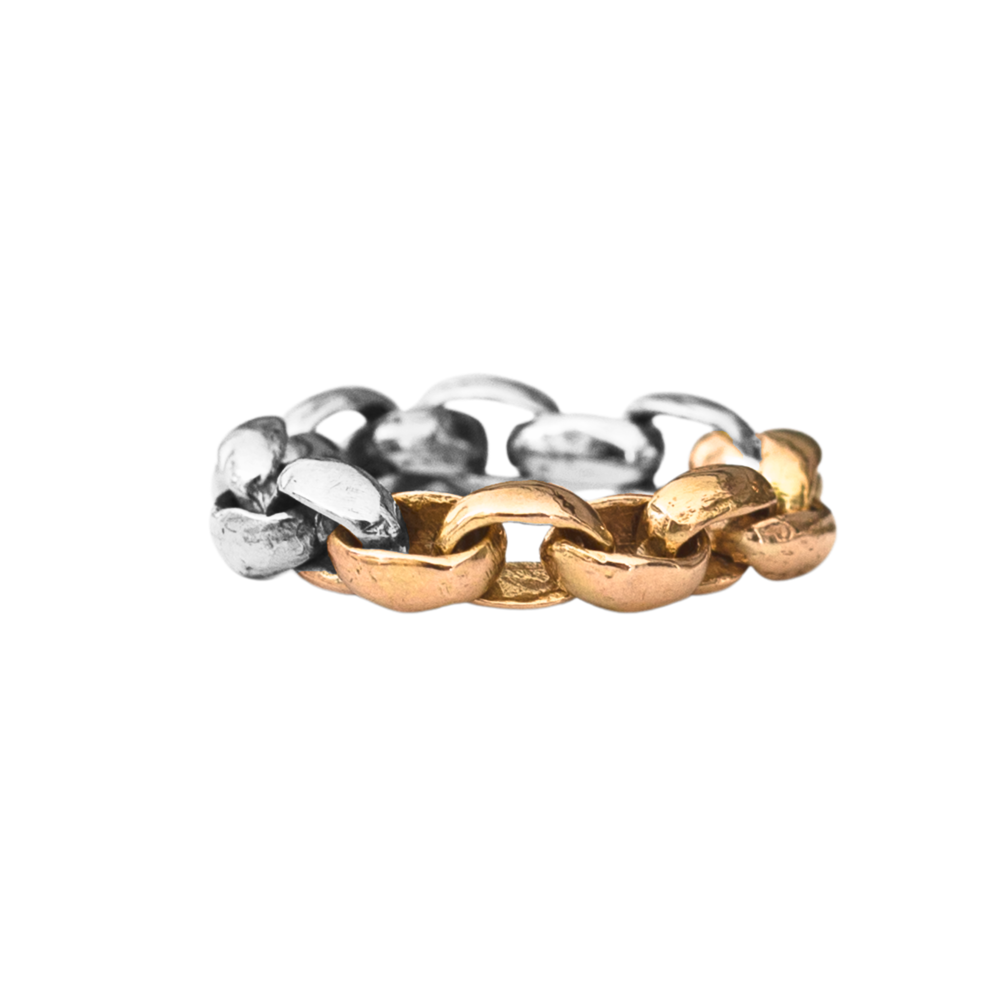Close-up of Hand-Carved Mixed ROI Chain Link Ring with Sculptural Design

