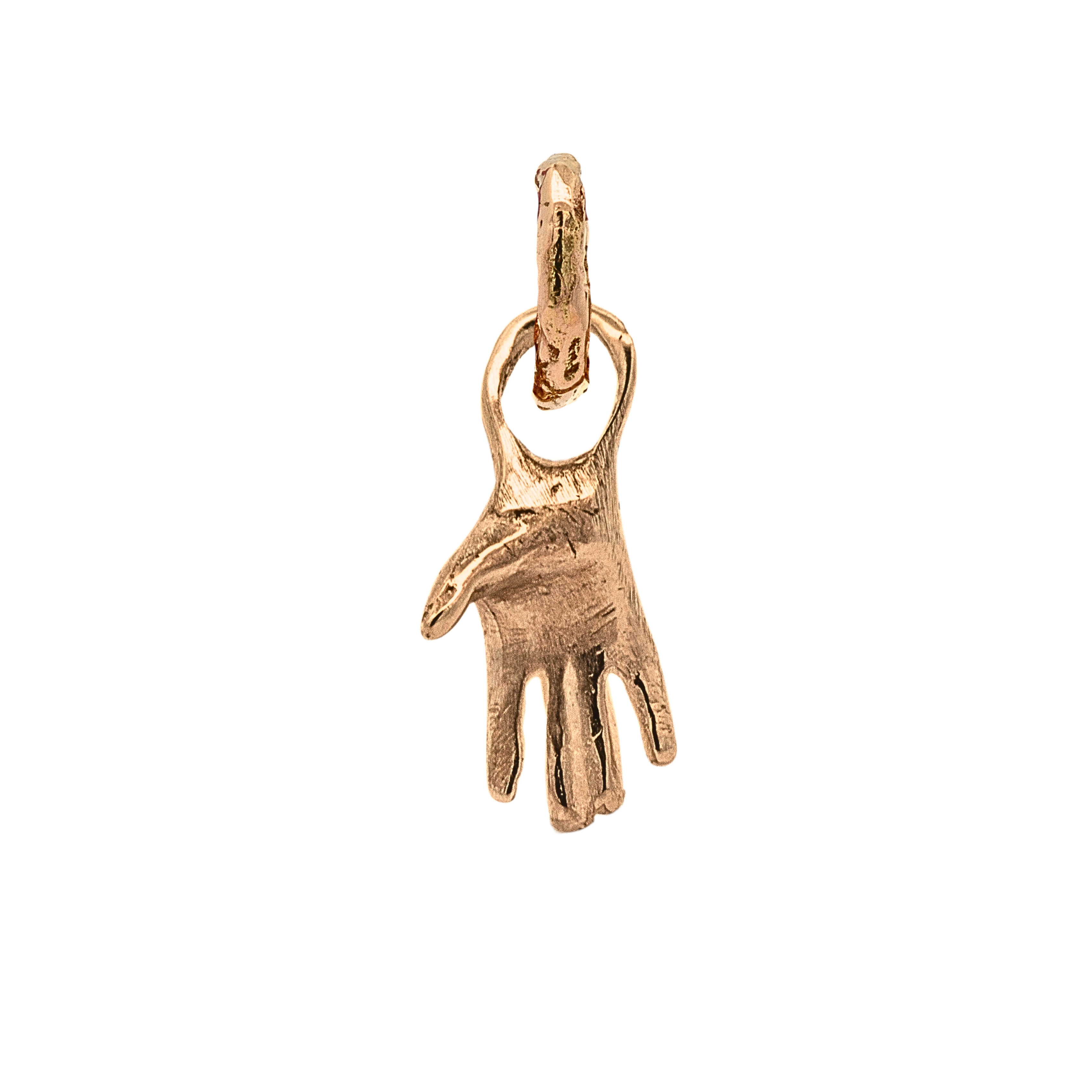 Close-up of Right Hand Mini Holding Charm in recycled platinum on bracelet