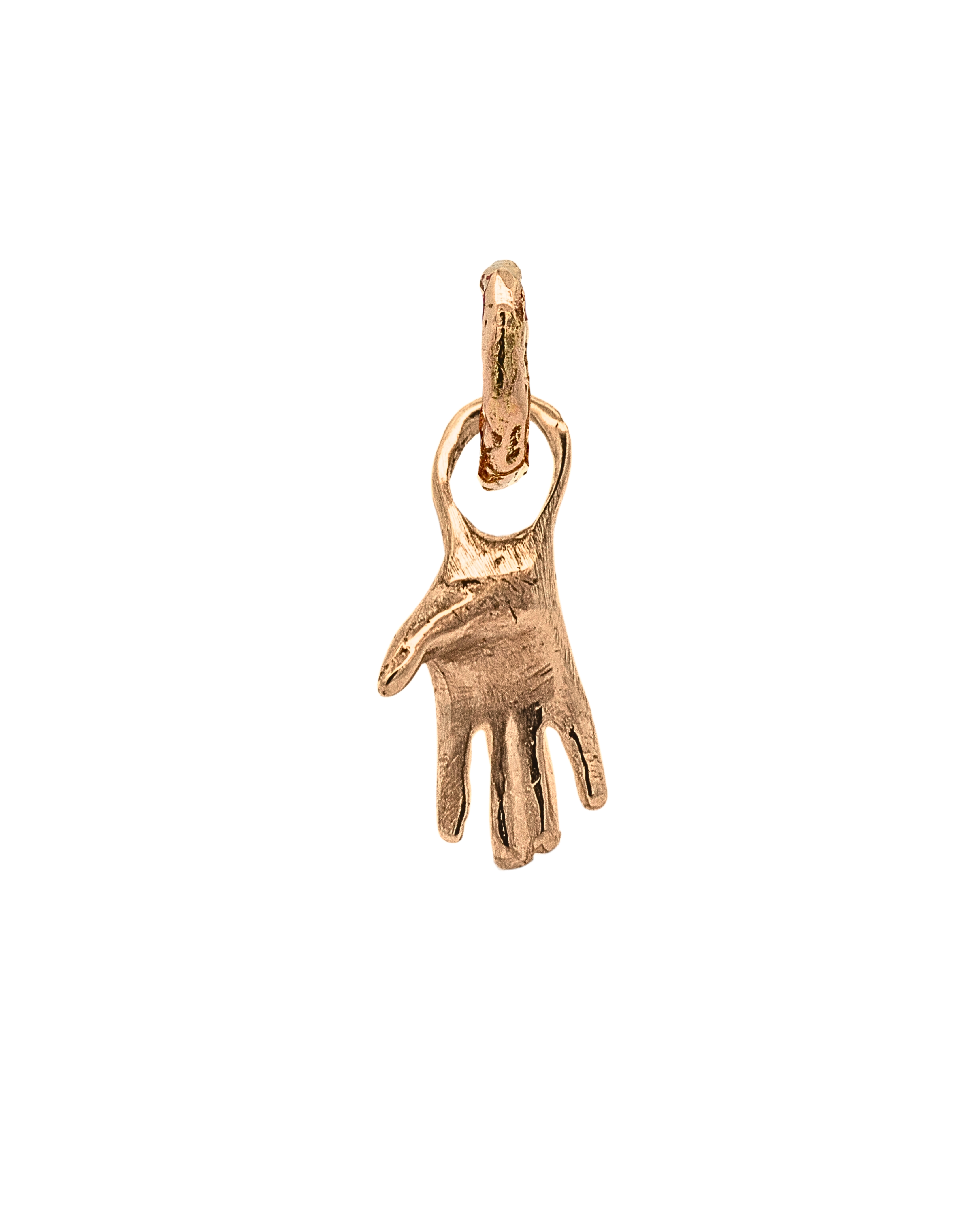 Close-up of Right Hand Mini Holding Charm in recycled platinum on bracelet