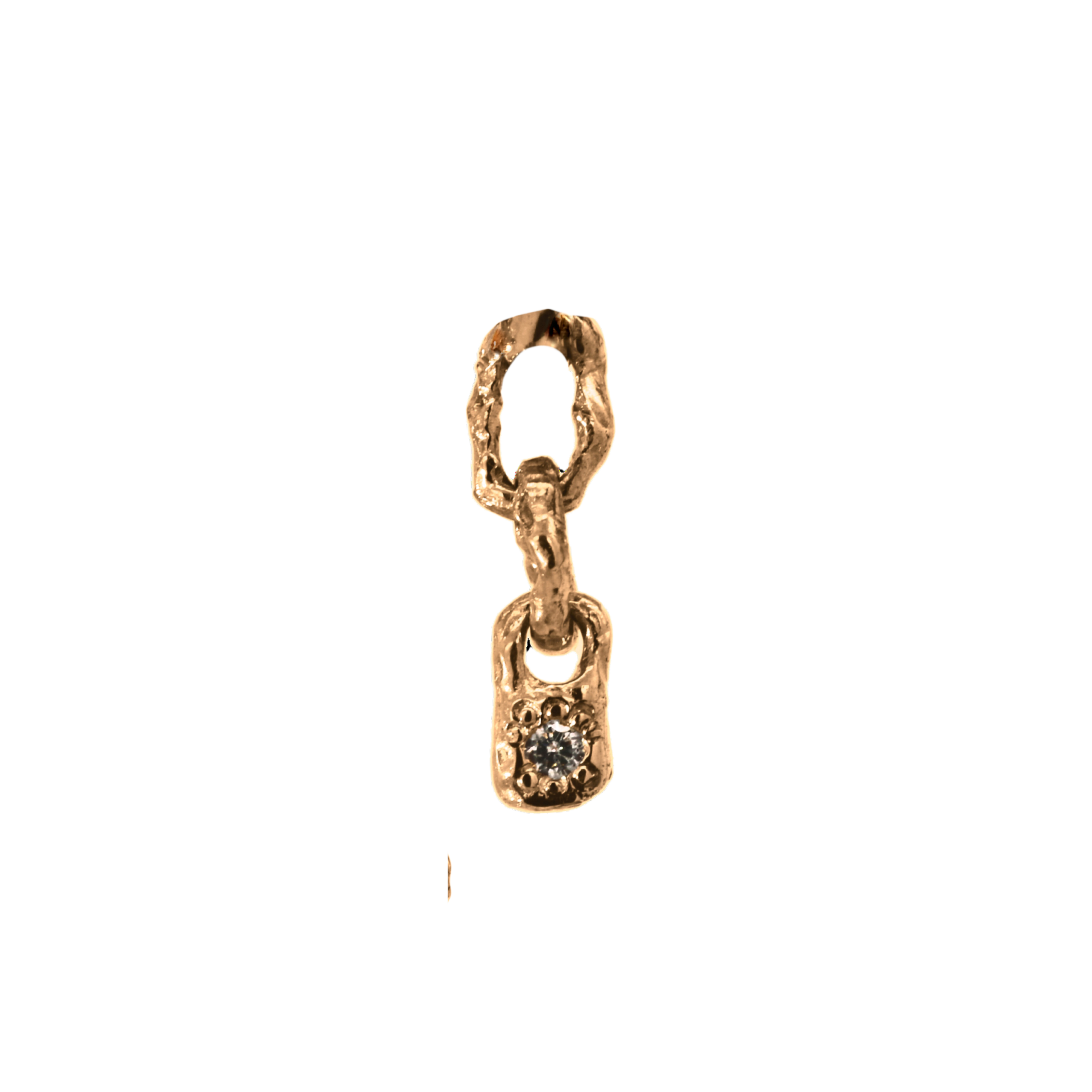 Close-up of hand-carved double-link earrings with diamond post detail