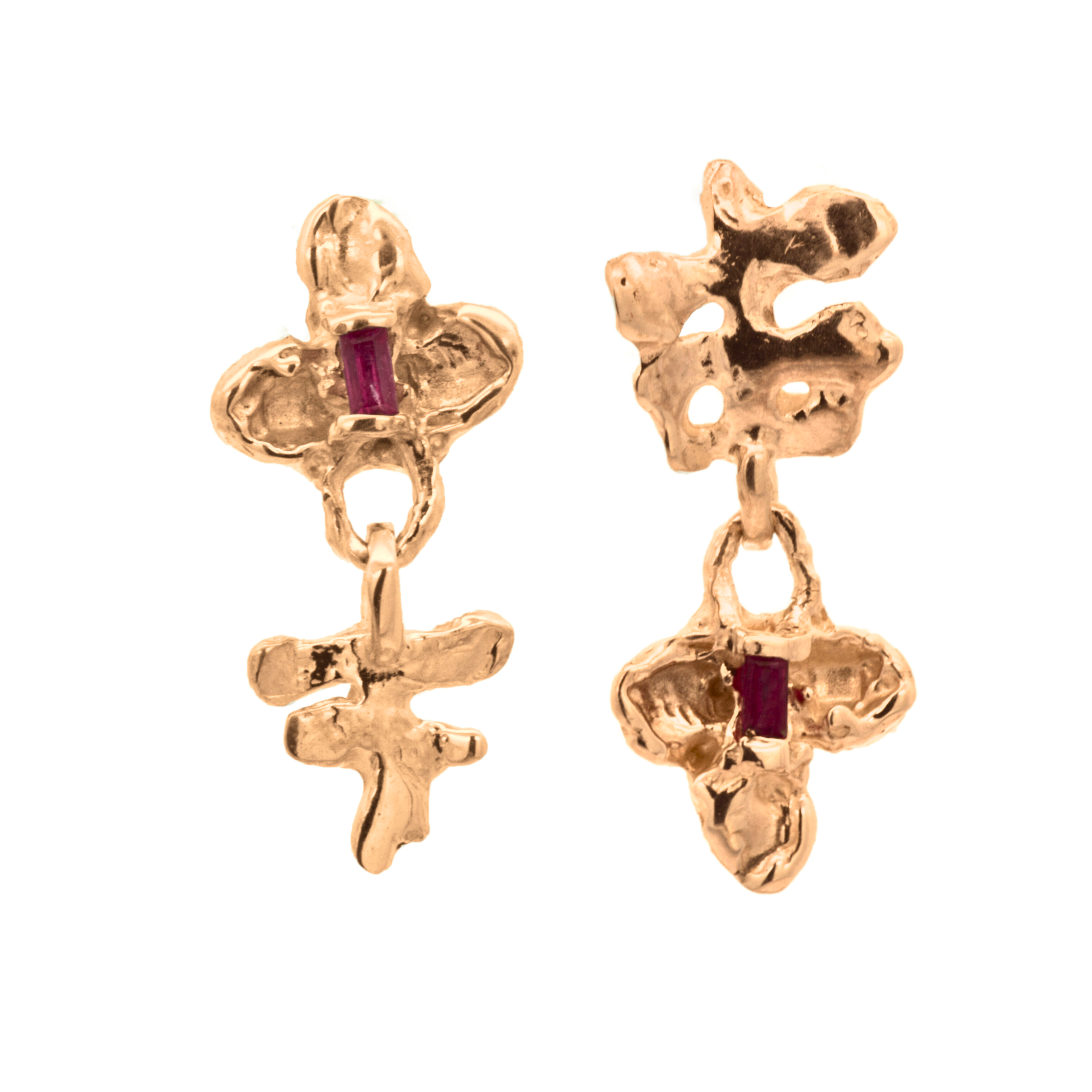 FRIKA Mixer Earrings Pair in 14K Yellow Fairmined Gold with Thai Rubies


