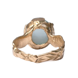 14K gold statement ring with aquamarine and carved flower detail, hand-carved and lost wax cast