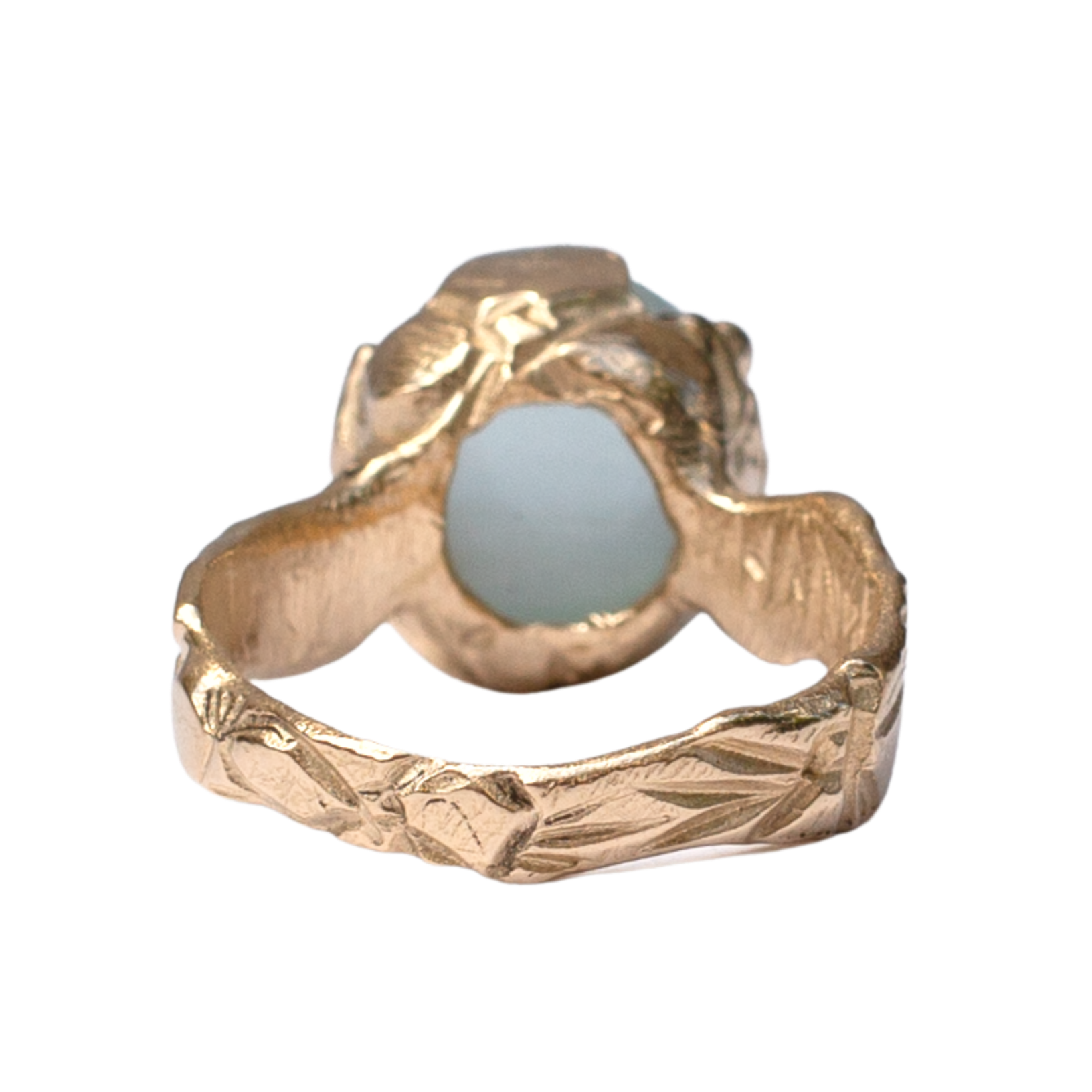 14K gold statement ring with aquamarine and carved flower detail, hand-carved and lost wax cast