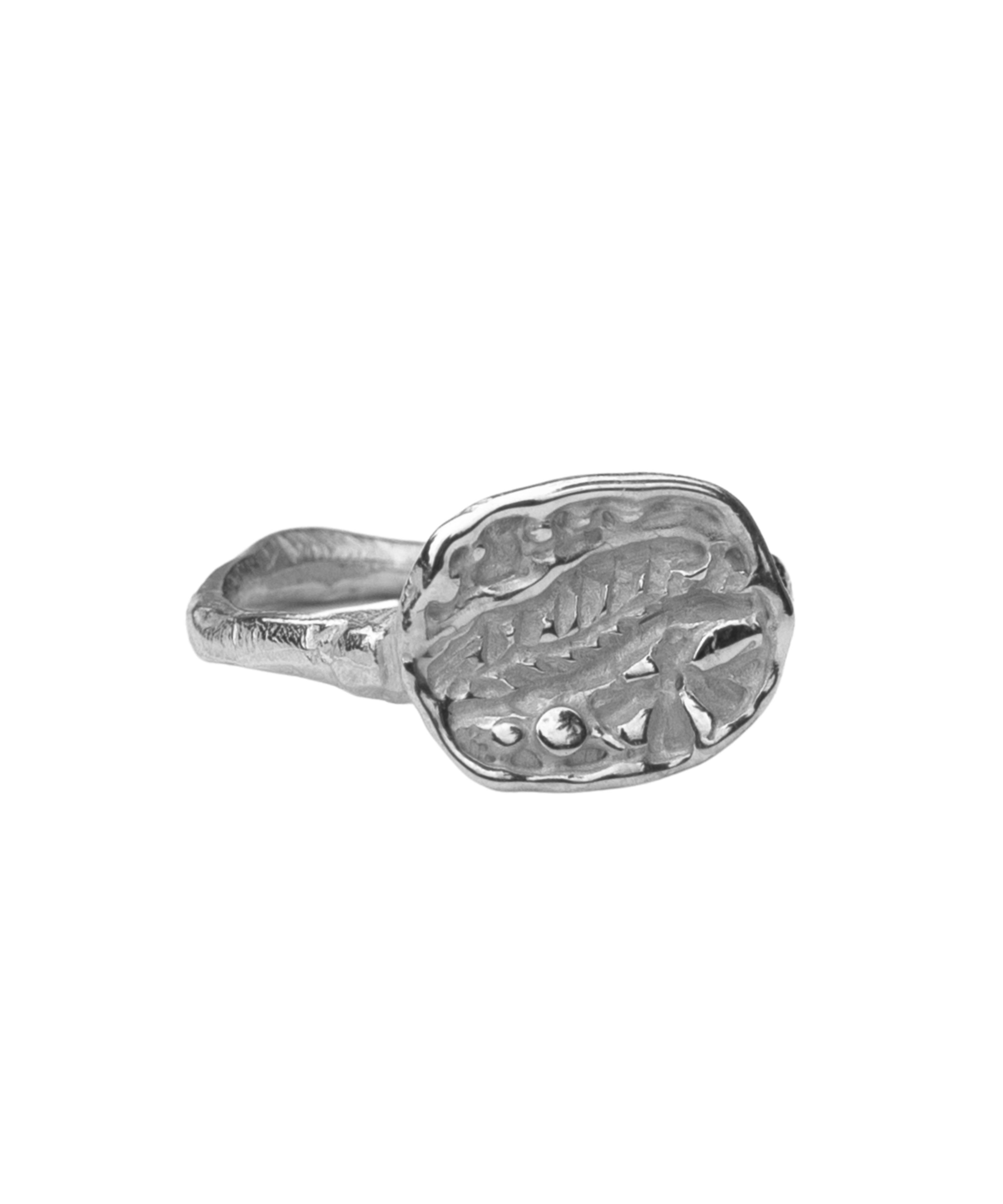FRIKA Round Signet Ring worn on hand, recycled sterling silver