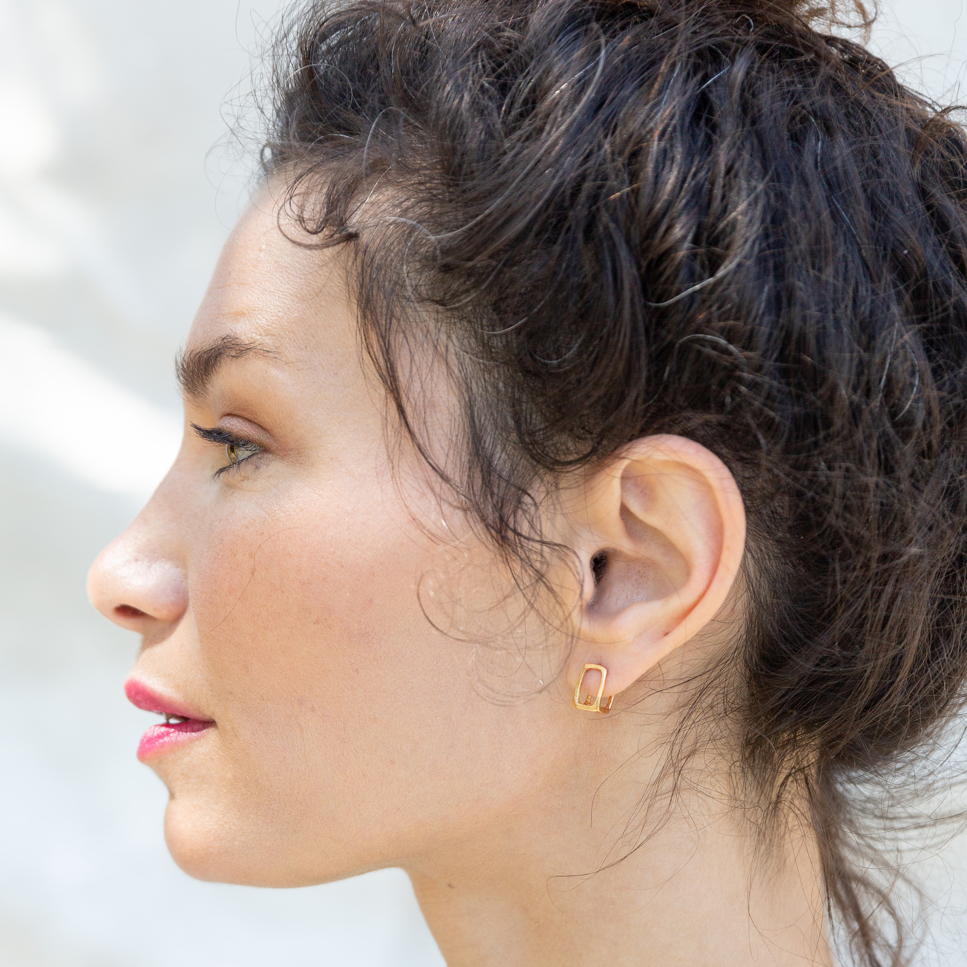 Model Wearing BOX Hoop Earrings with Minimalist Design