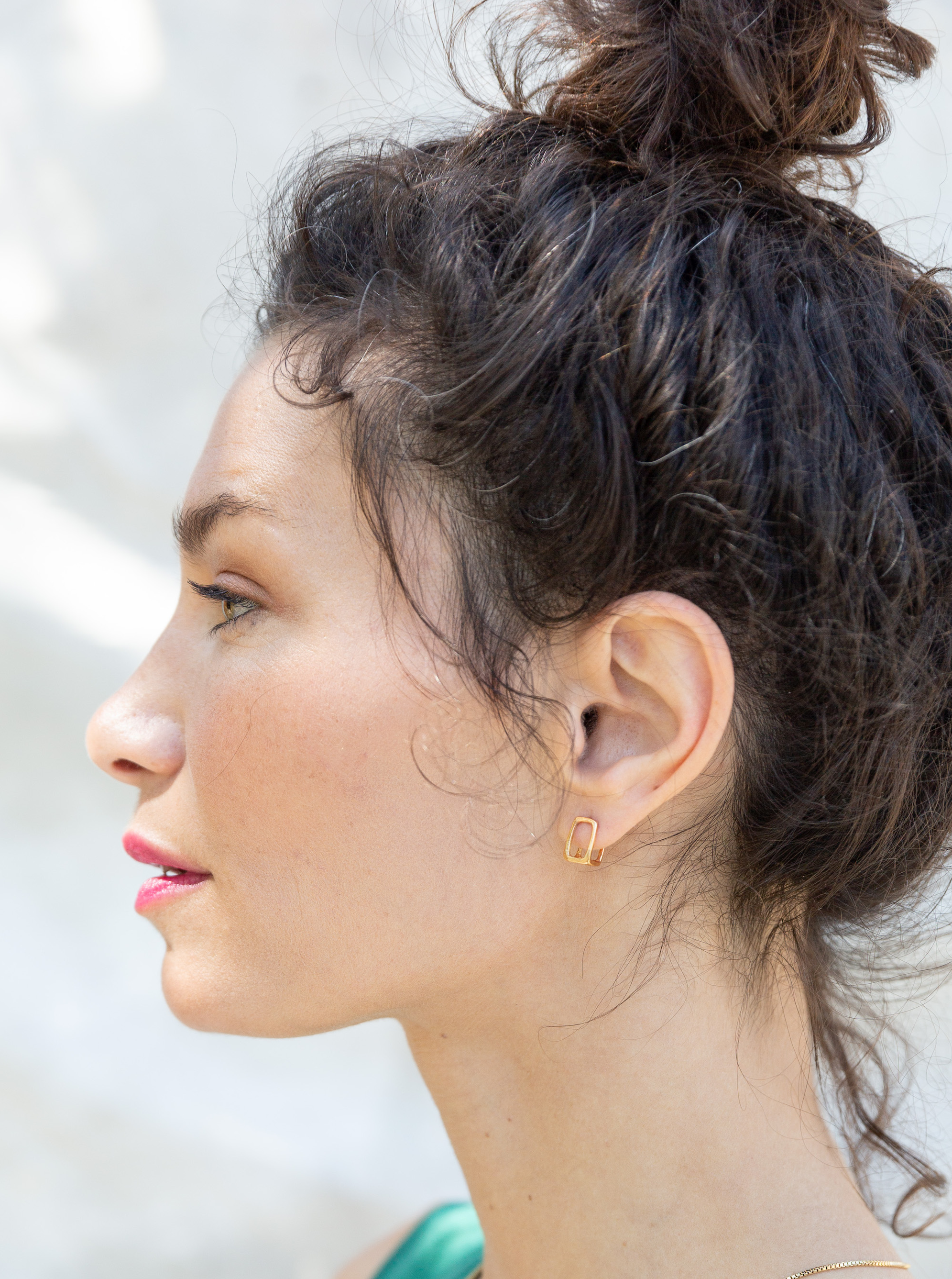 Model Wearing BOX Hoop Earrings with Minimalist Design