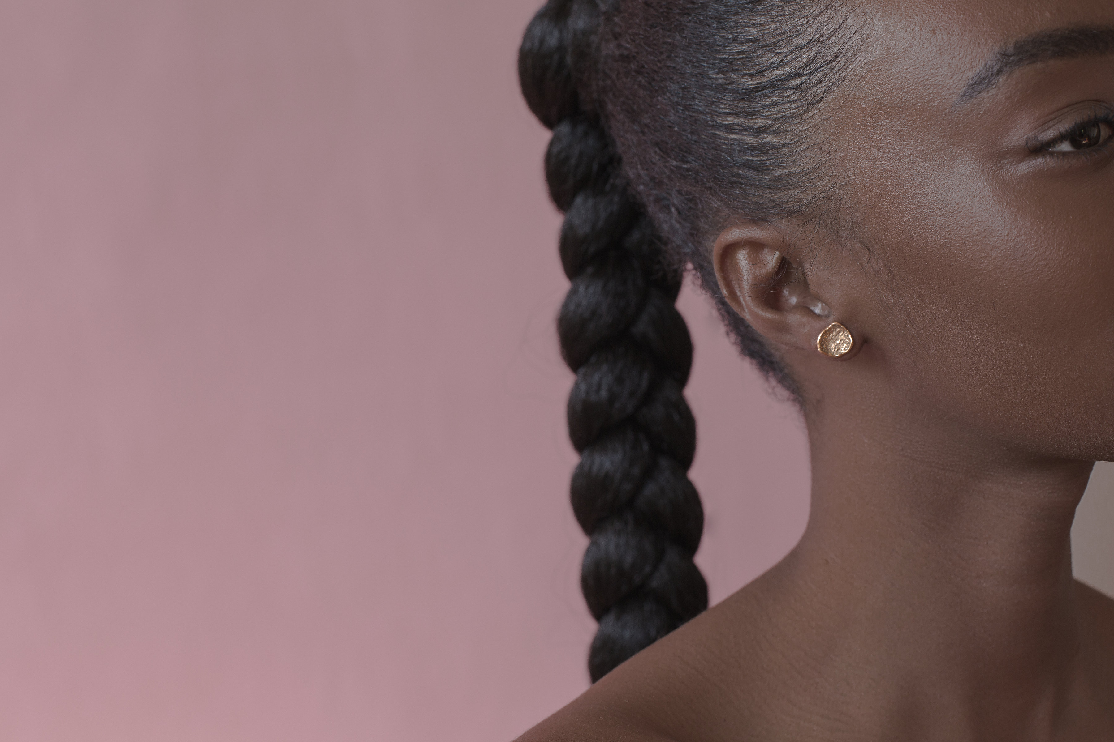 Model Wearing Big Moon Stud Earrings with Minimalist Design