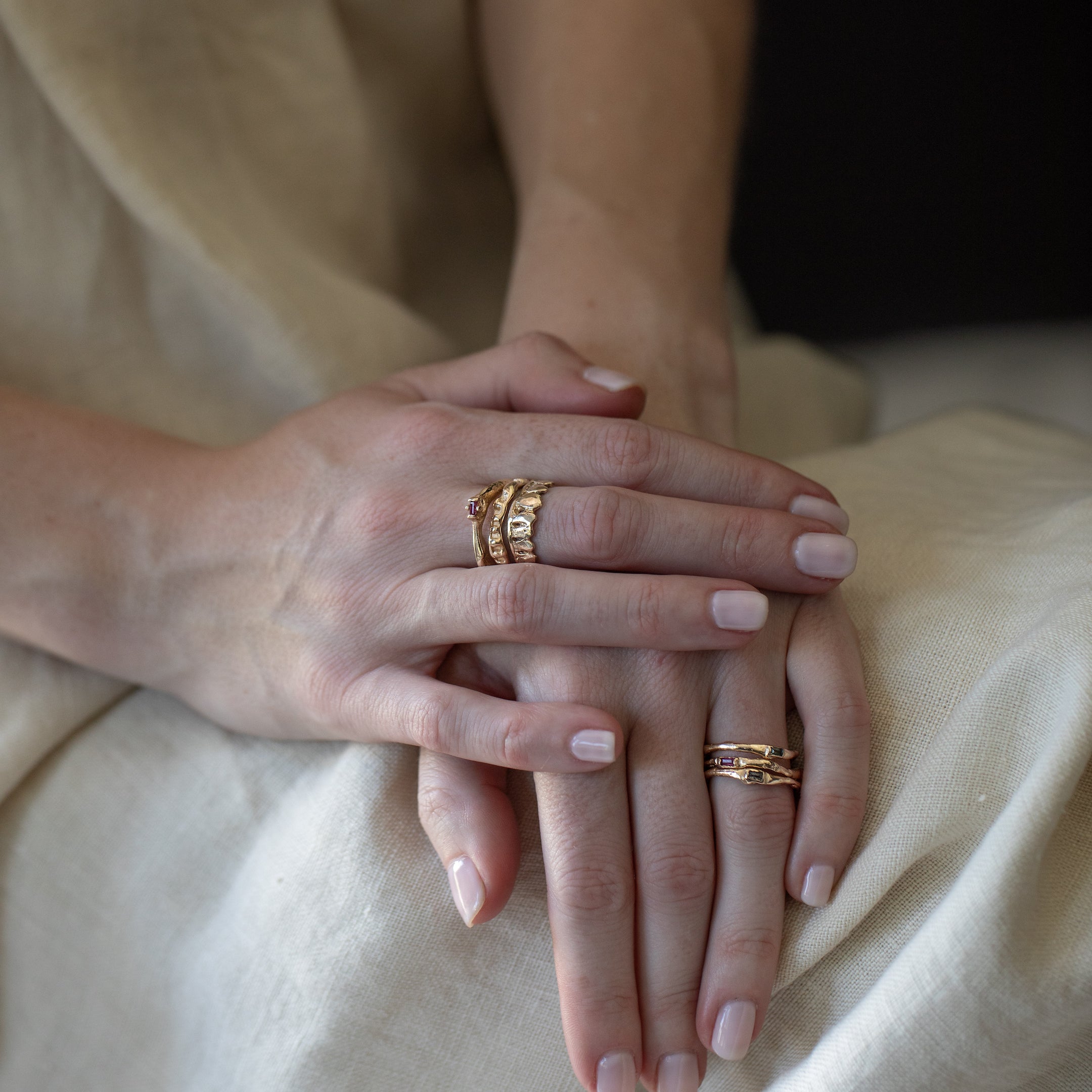 Model Wearing DORTE Sea Kelp Stacker Ring with Elegant Style