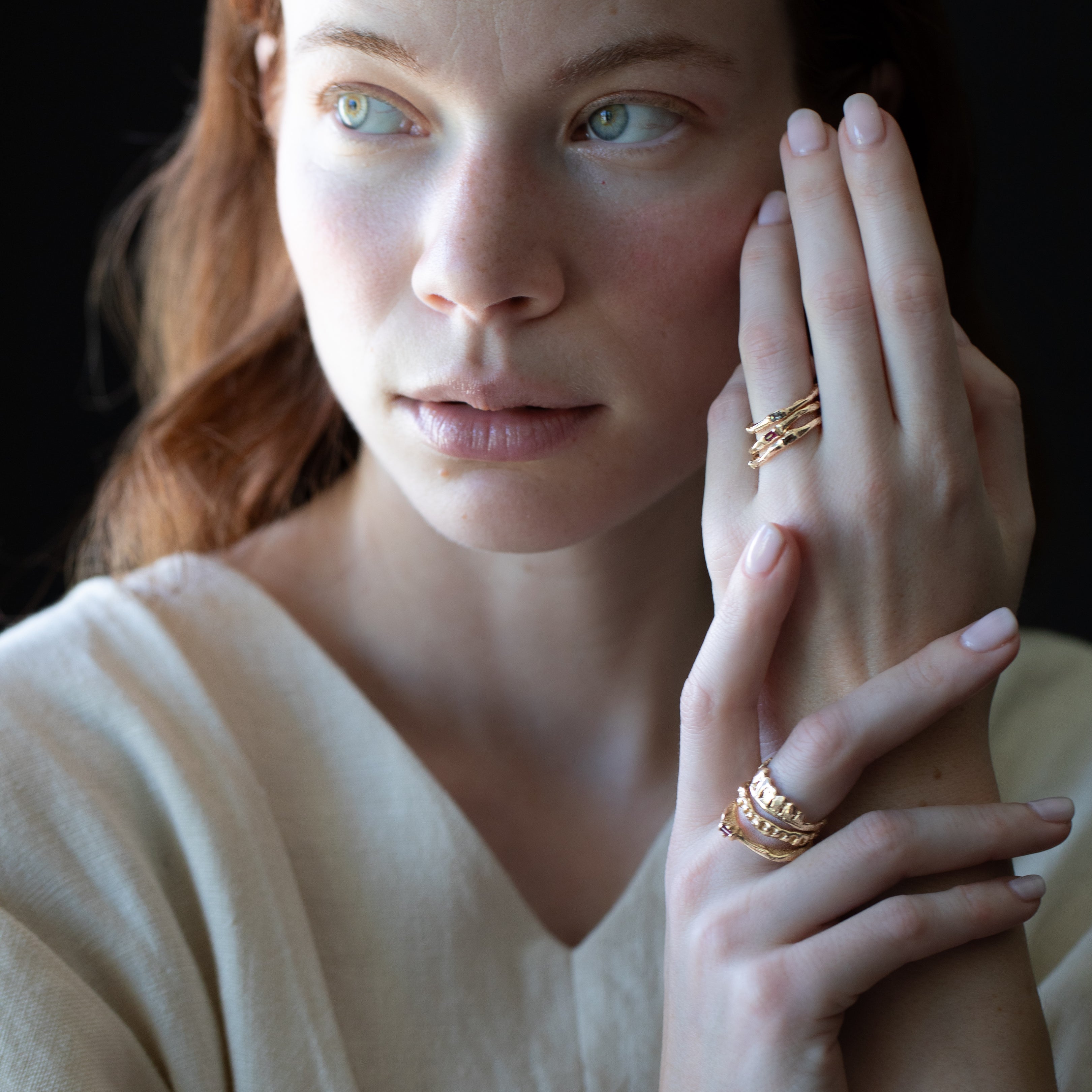 Model Wearing EINAR Stacking Ring with Sculptural Design
