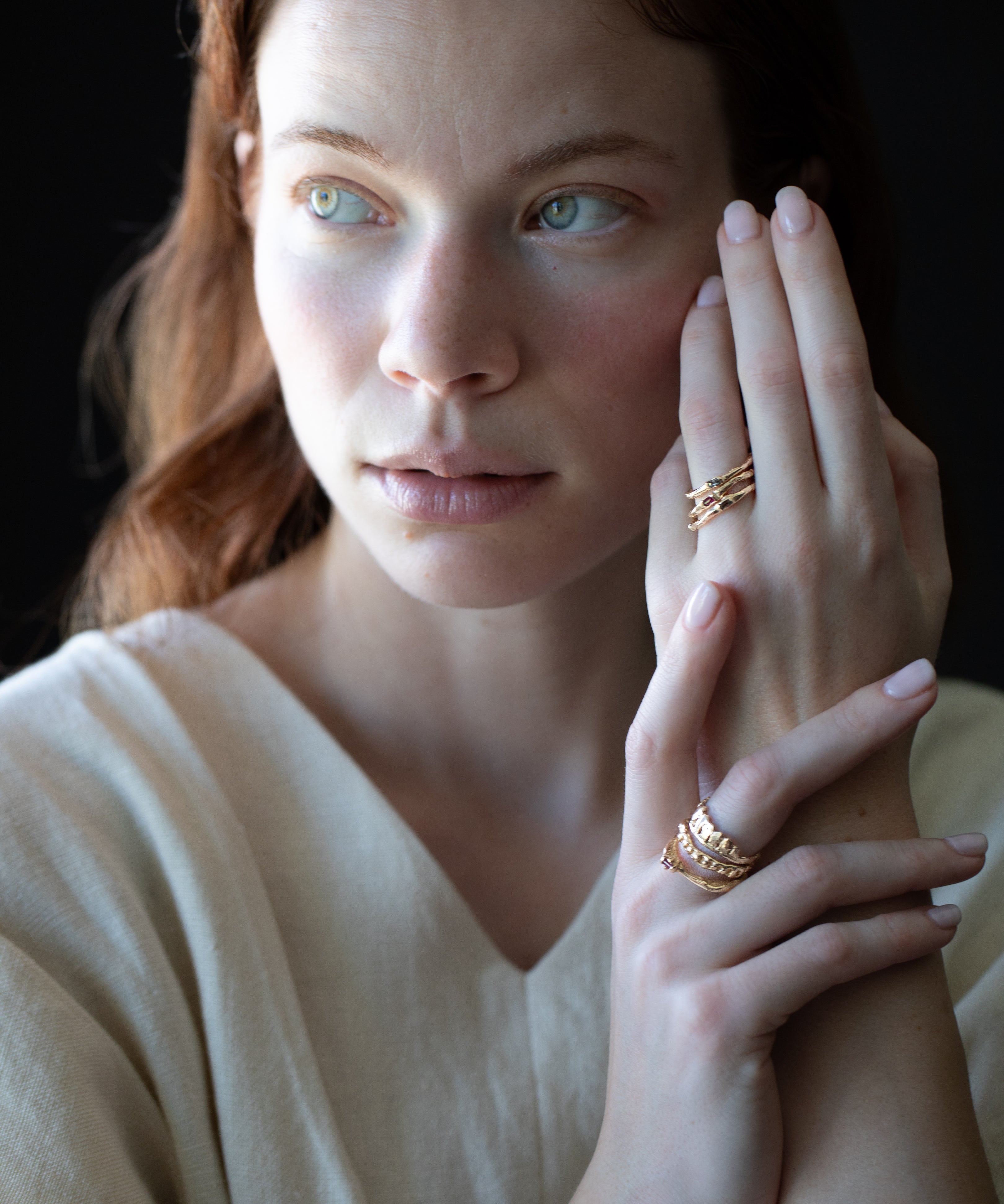 Model Wearing EINAR Stacking Ring with Sculptural Design
