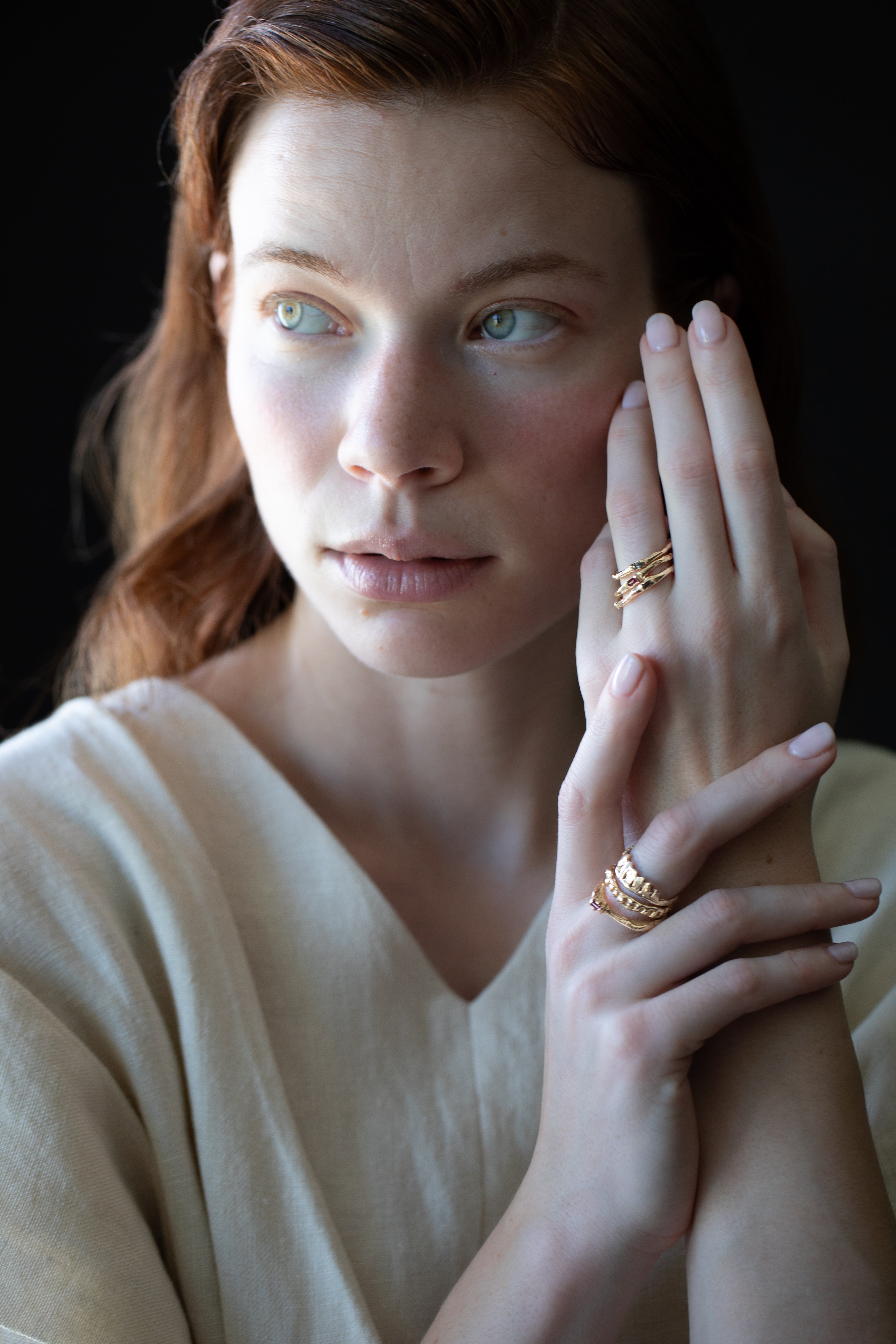 Model Wearing EINAR Stacking Ring with Sculptural Design
