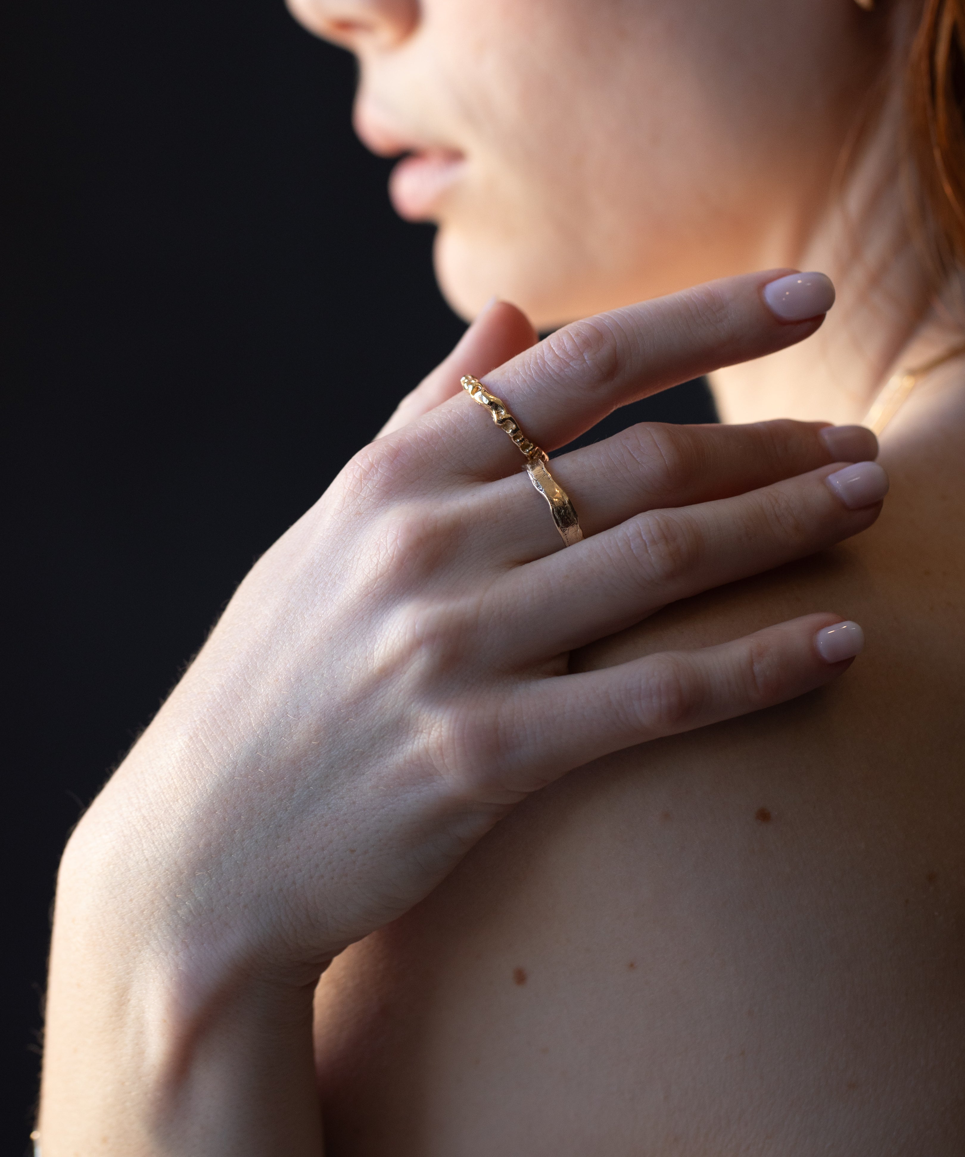 ESPEN Ring worn on hand, sculptural lost wax cast detail