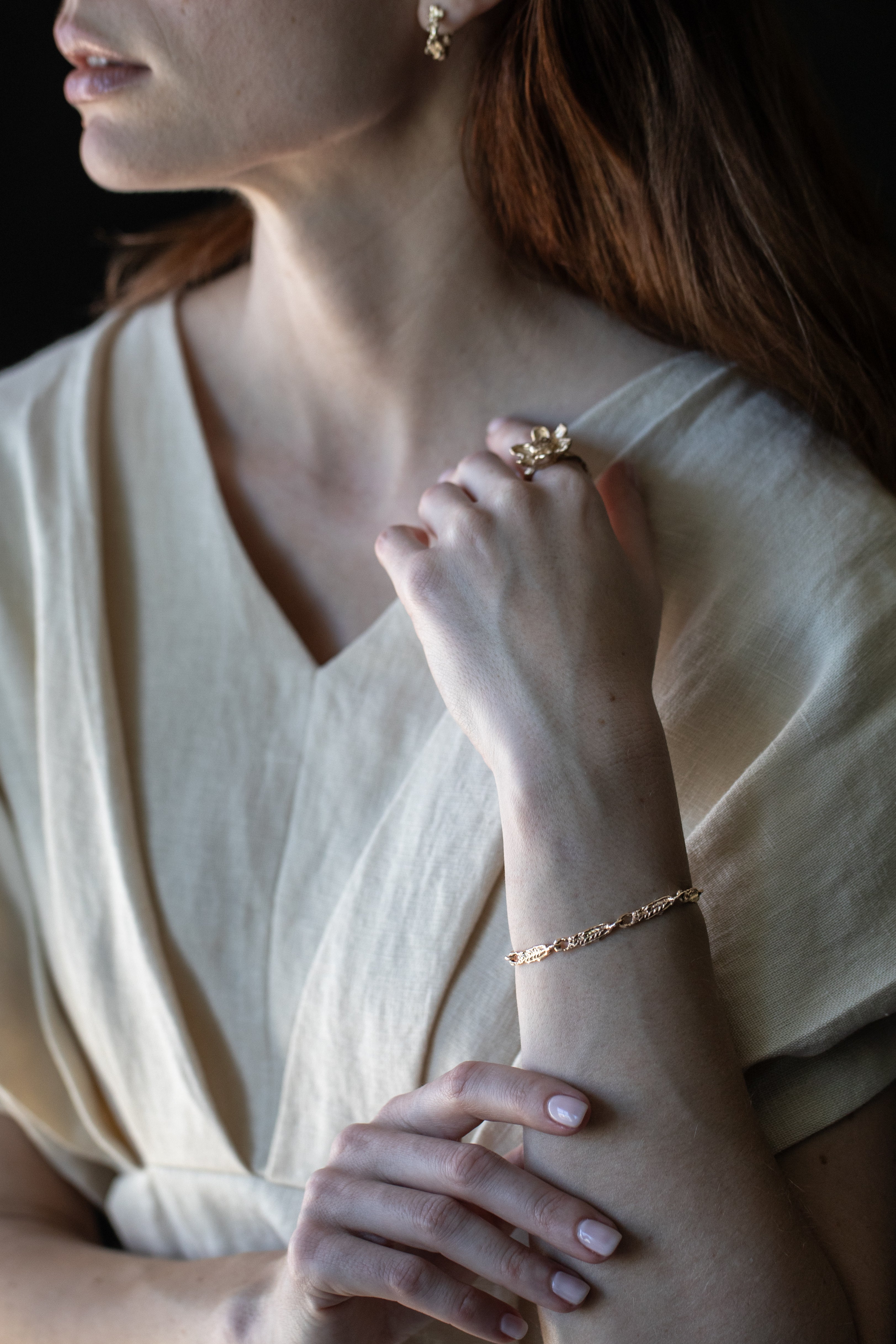 Model Wearing FRIKA Link Bracelet with Sculptural Details