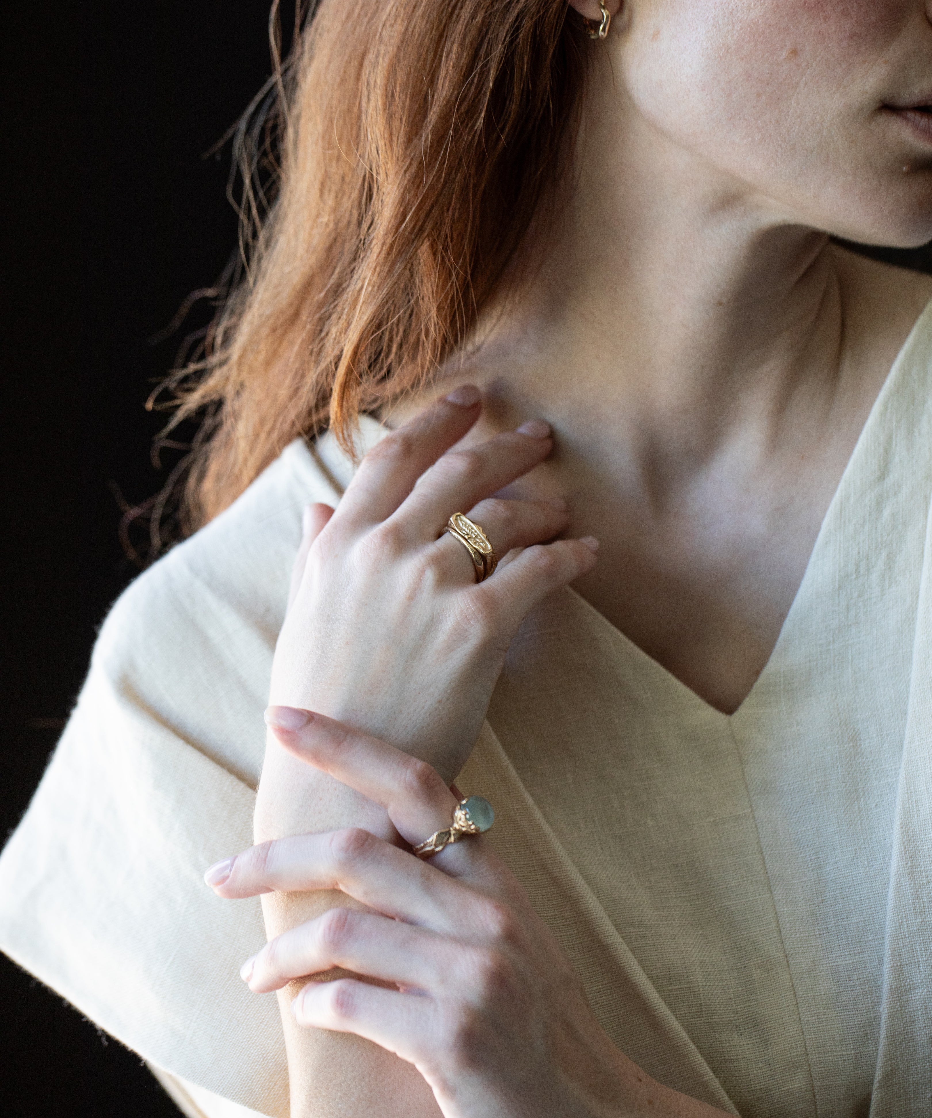 FRIKA Wide Stacker Ring worn on hand, sculptural lost wax cast detail