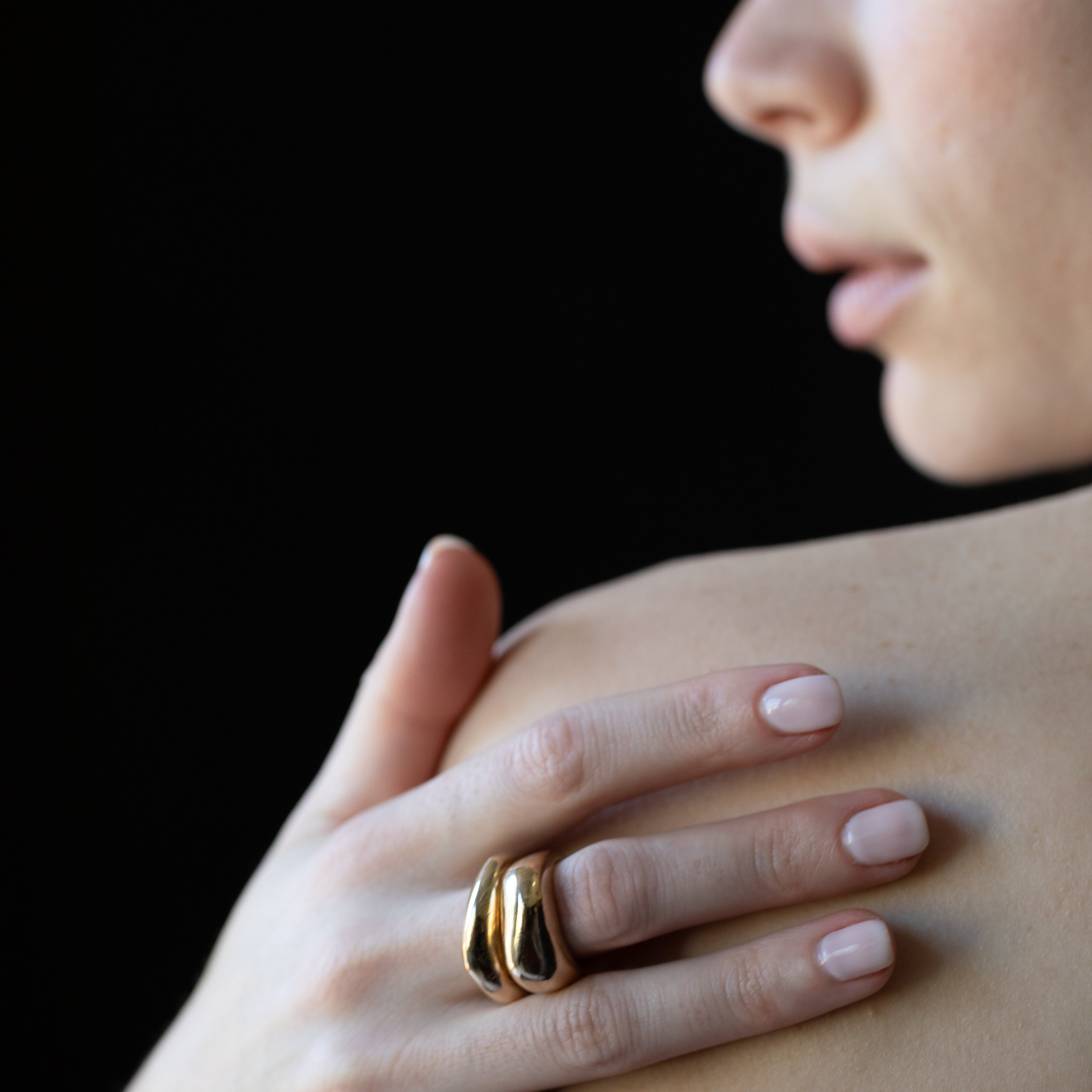 Model Wearing GLENR Square Dome Ring with Elegant Style