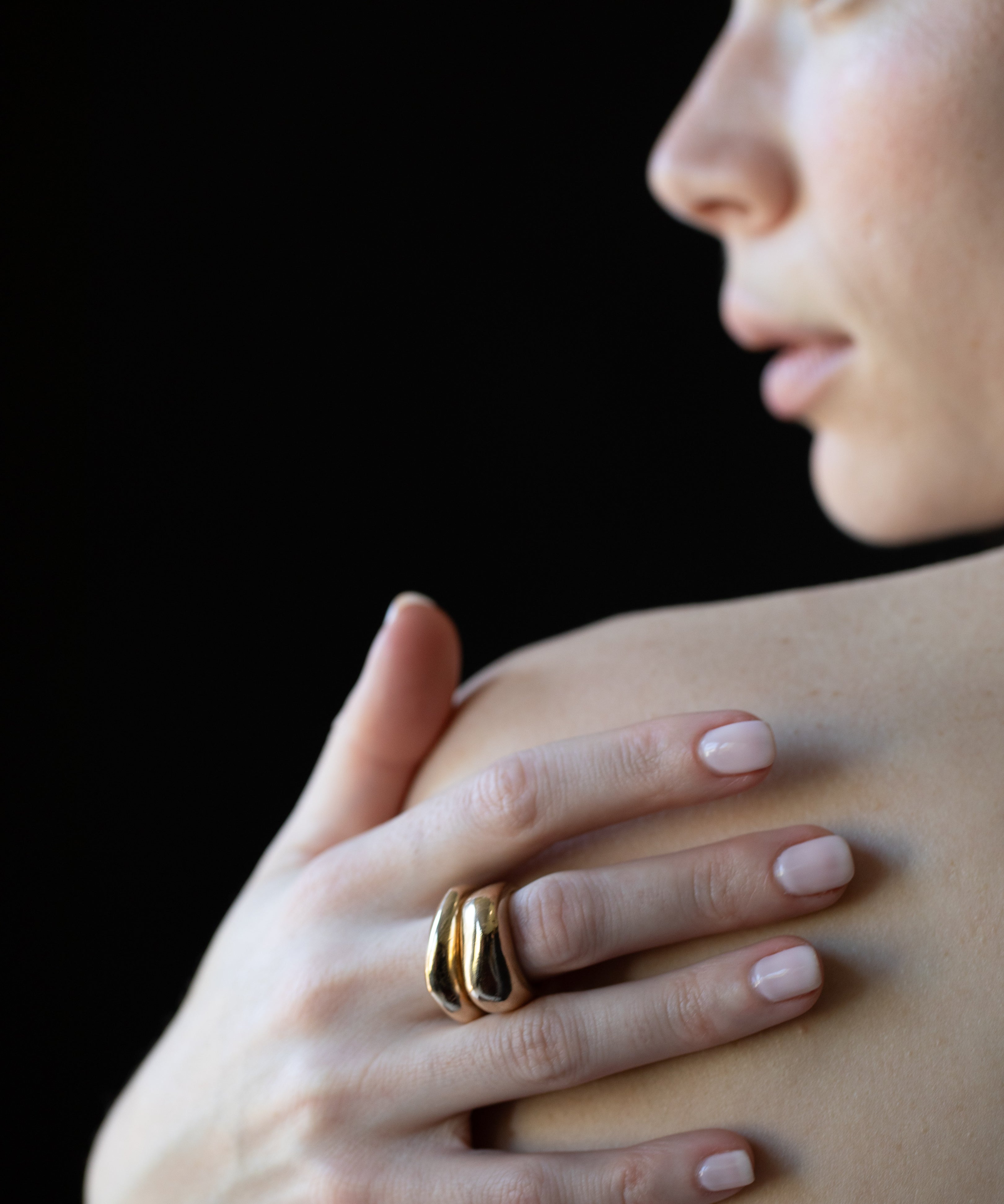 GLENR Square Dome Ring worn on hand, sculptural lost wax cast detail