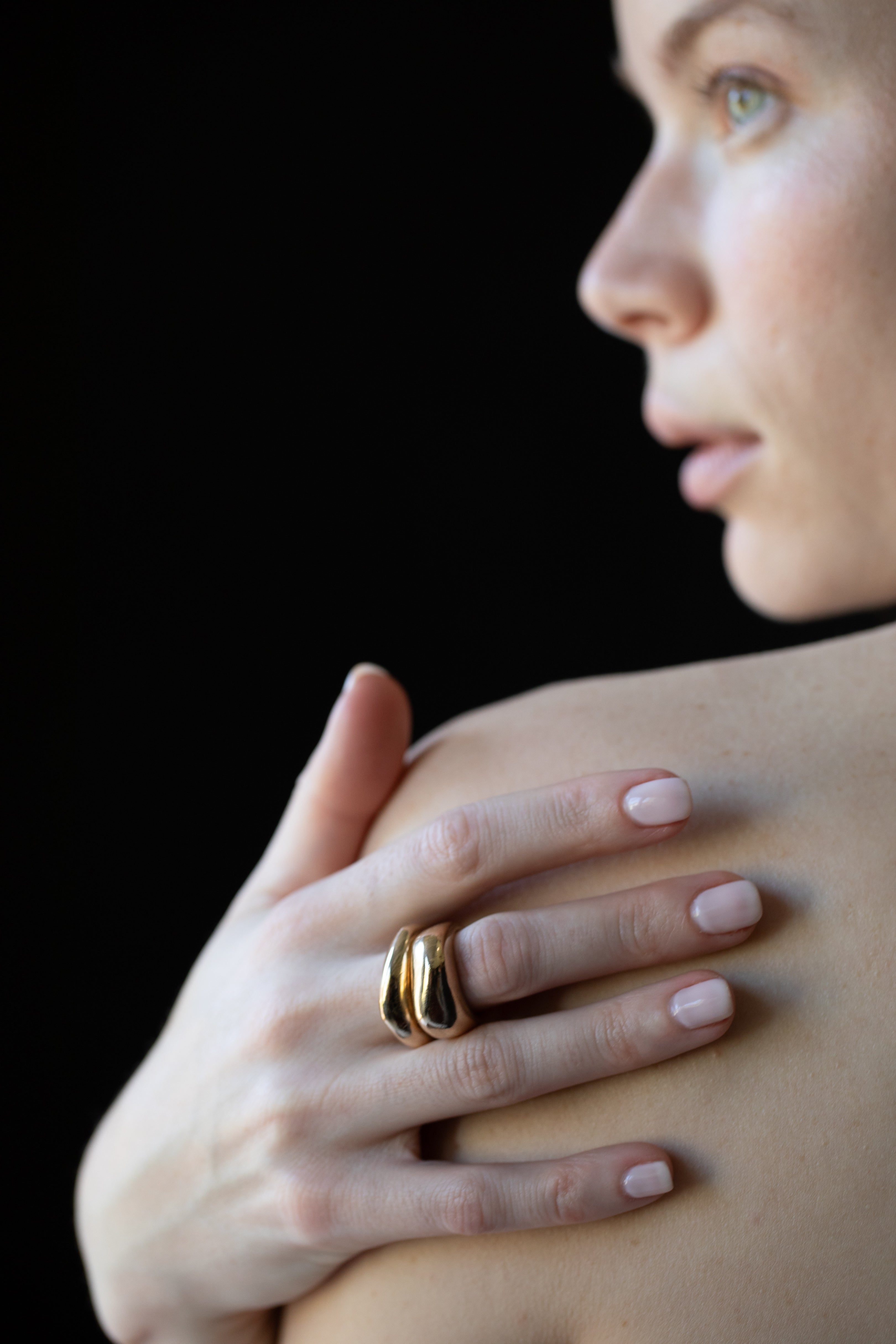 Model Wearing Mixed GLENR Dome Ring Stack with Elegant Style