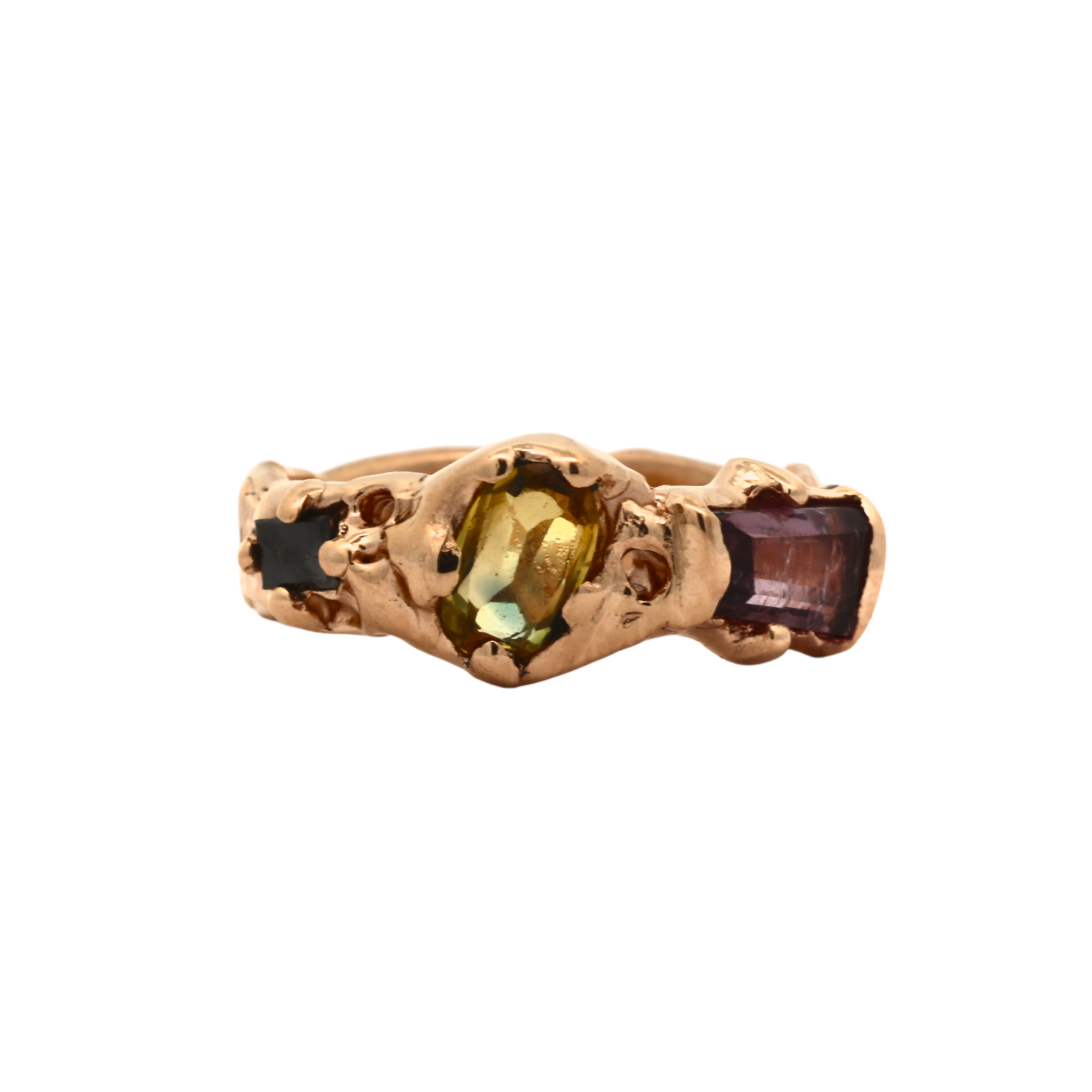 No. 83 OOAK Ring with black diamond baguette and bi-color sapphire set in 14K Fairmined gold