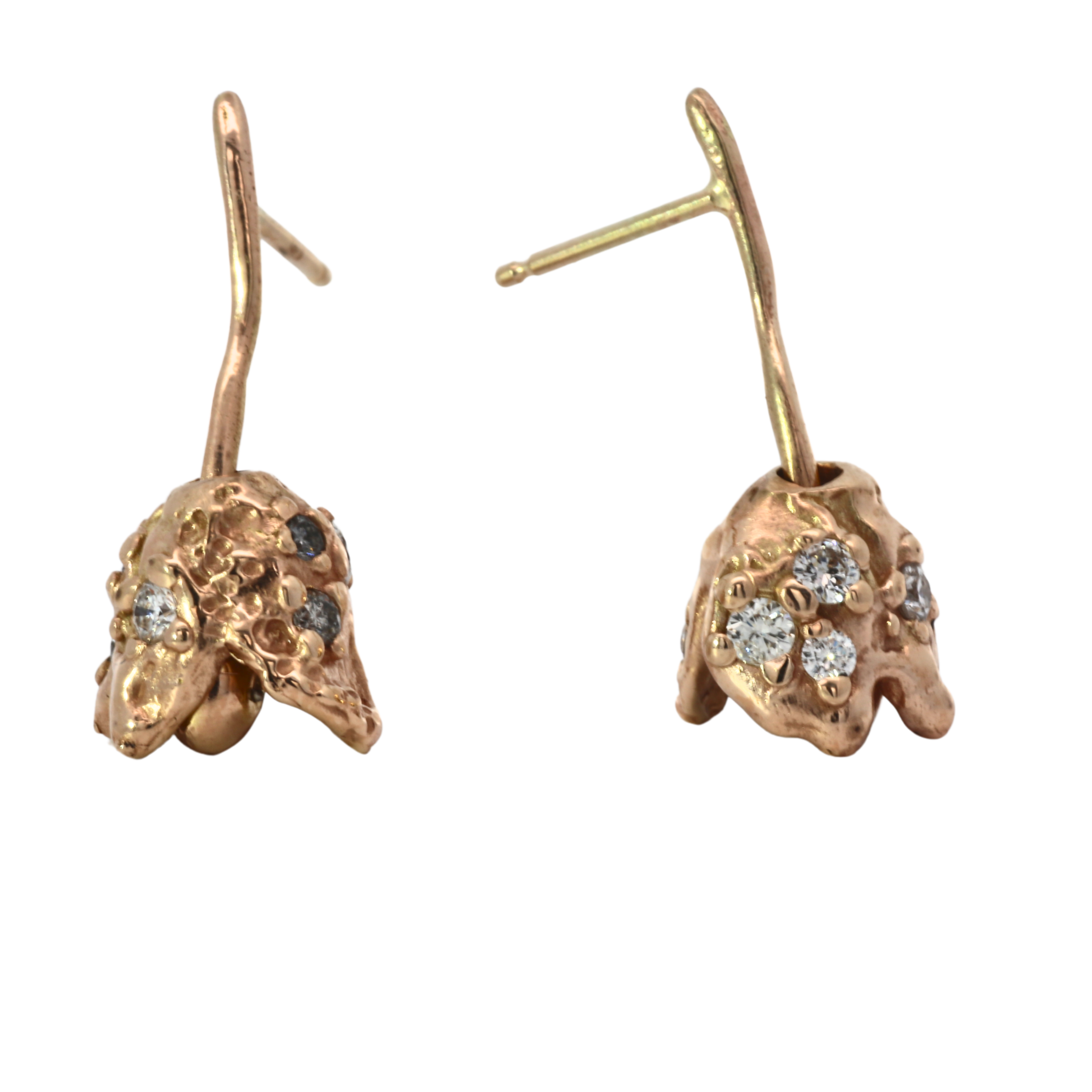 ROTA II earrings in 14K gold with rotating bell-shaped petals and diamonds