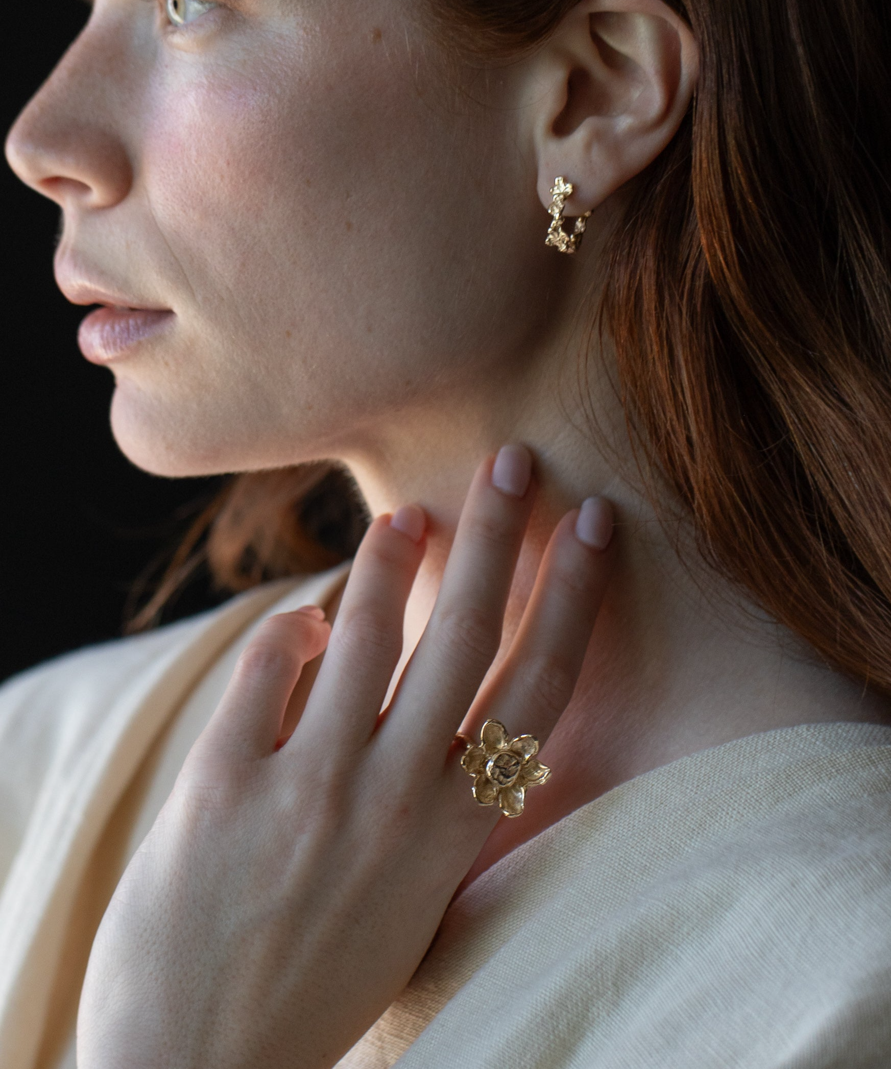 giant flower statement ring lost wax cast in 14K solid gold jewelry collection