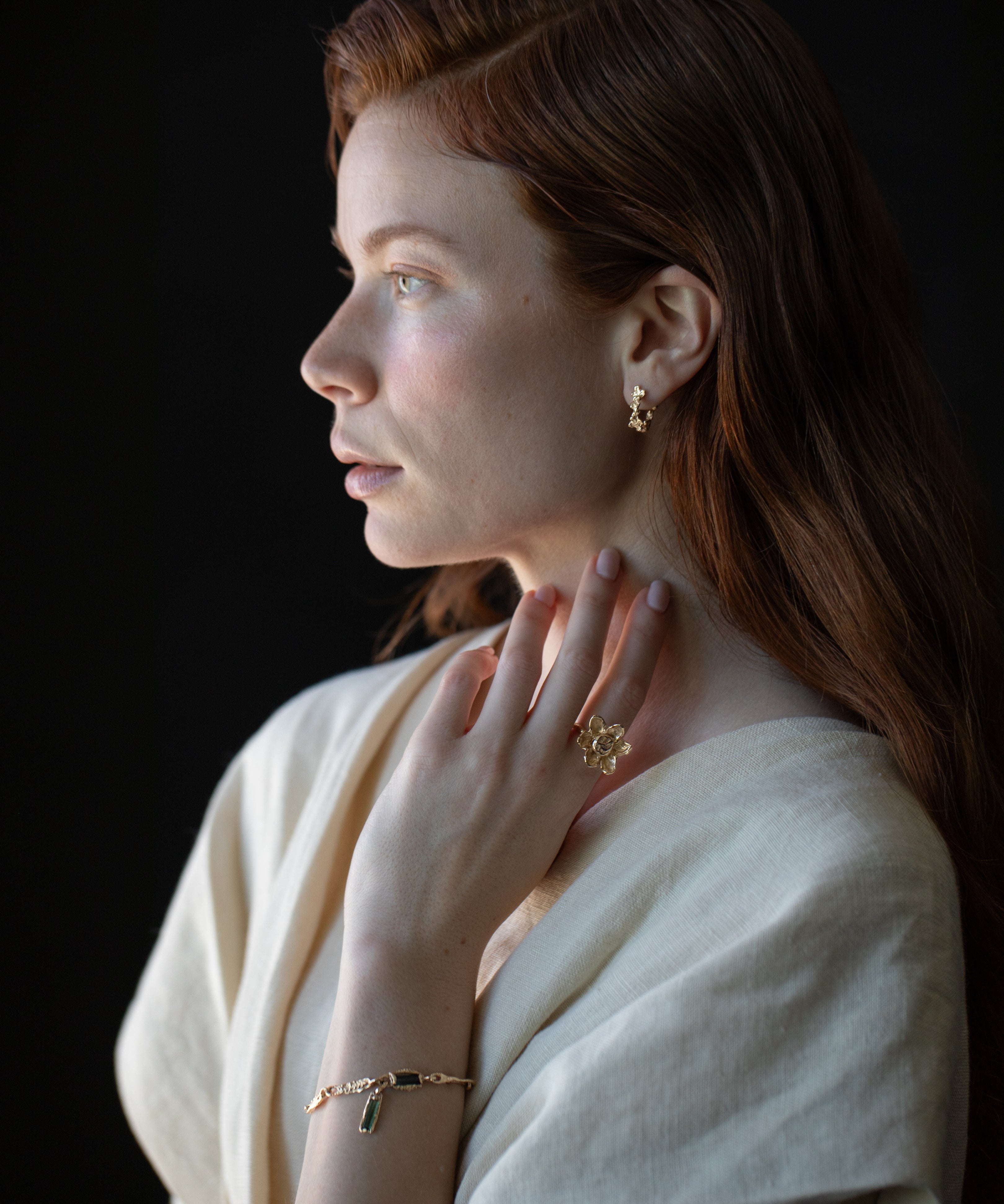 sculptural jewelry flower statement ring carved in wax and cast in 14k fairmined gold