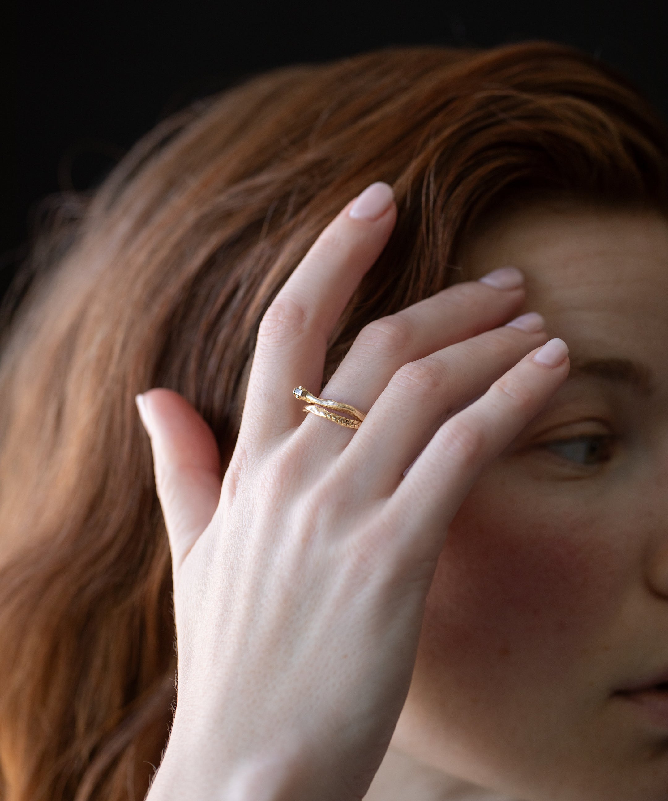 CROOKED FERN Ring styled in a stack