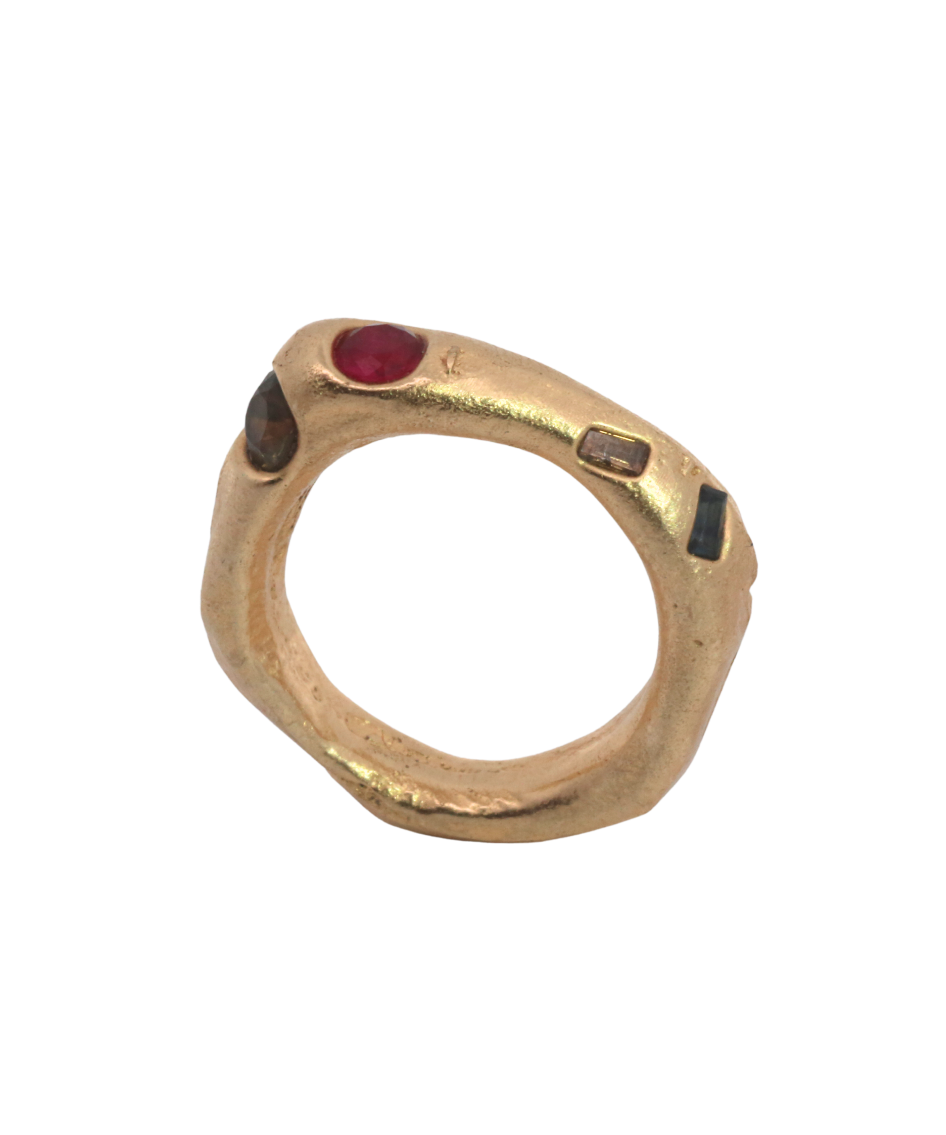 WILDER II Ring styled in a stack, 14K Fairmined gold with sapphires and ruby