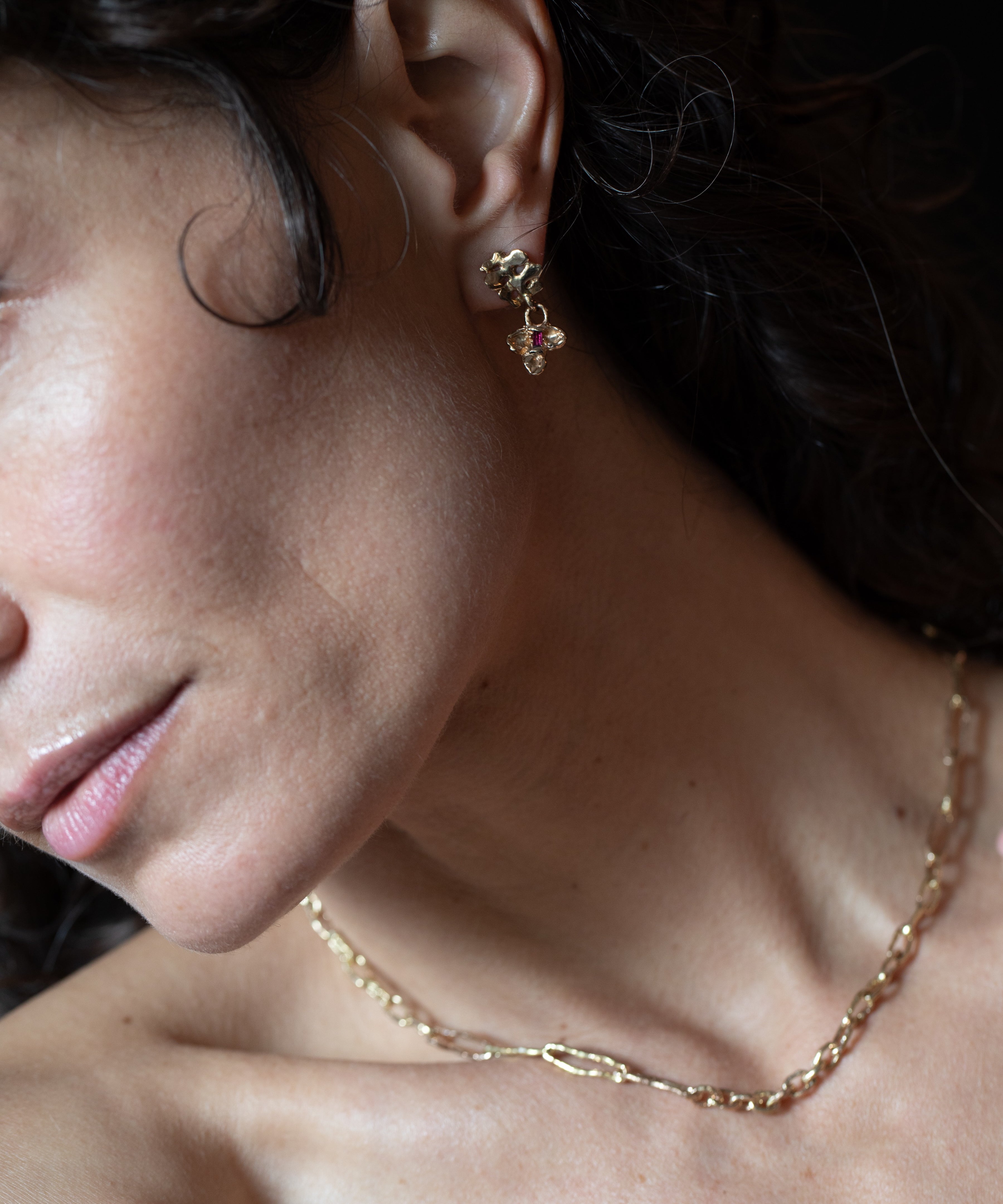 FRIKA Mix Earrings worn on ear, 14K Fairmined gold