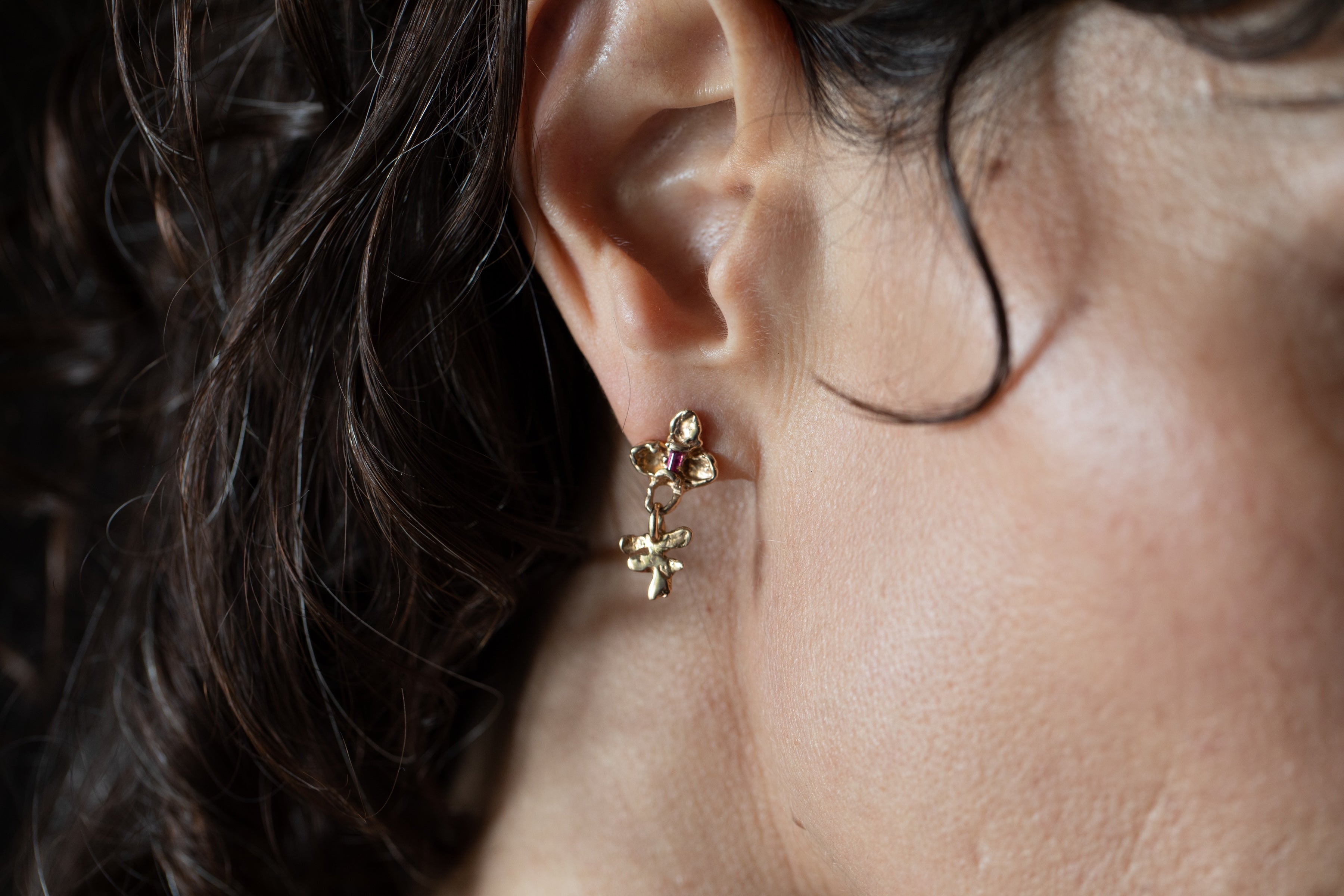 FRIKA Mix Earrings scale view, 14K Fairmined gold with rubies