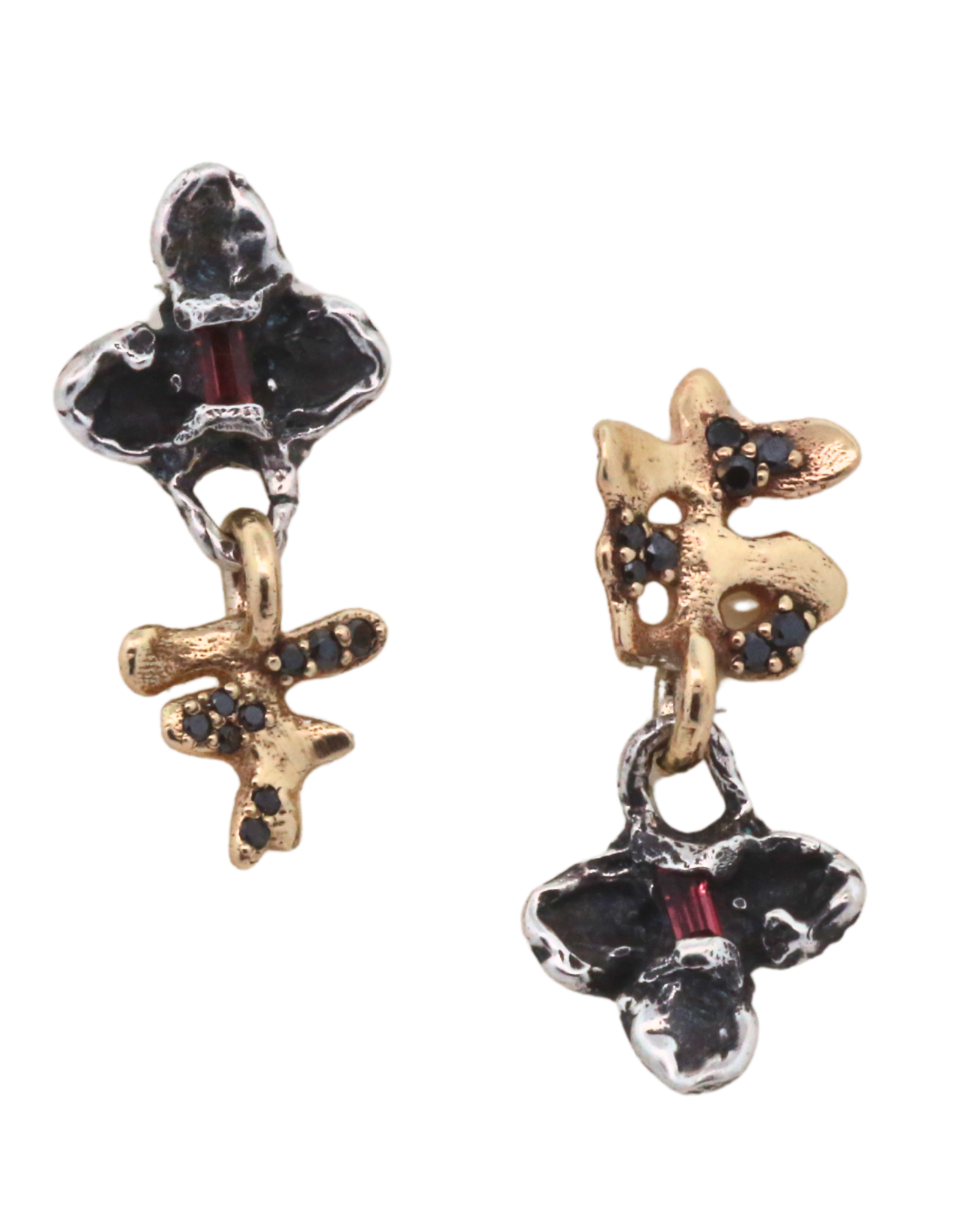 FRIKA Mix Earrings in recycled sterling silver and 14K gold with black diamond and garnets, lost wax cast