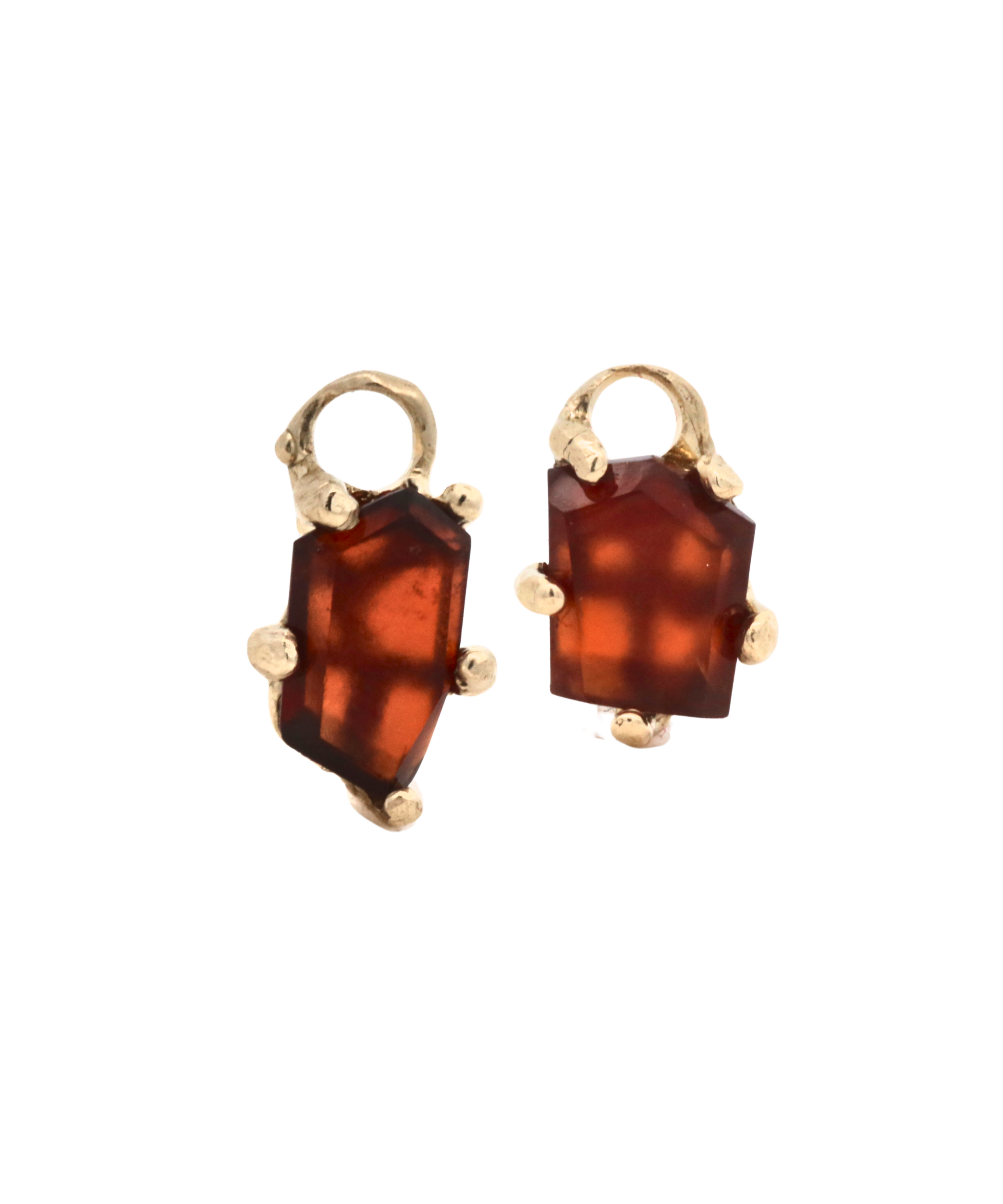 OOAK Hoop Charm Pair in 14K Fairmined gold with hessonite garnet, hand-carved