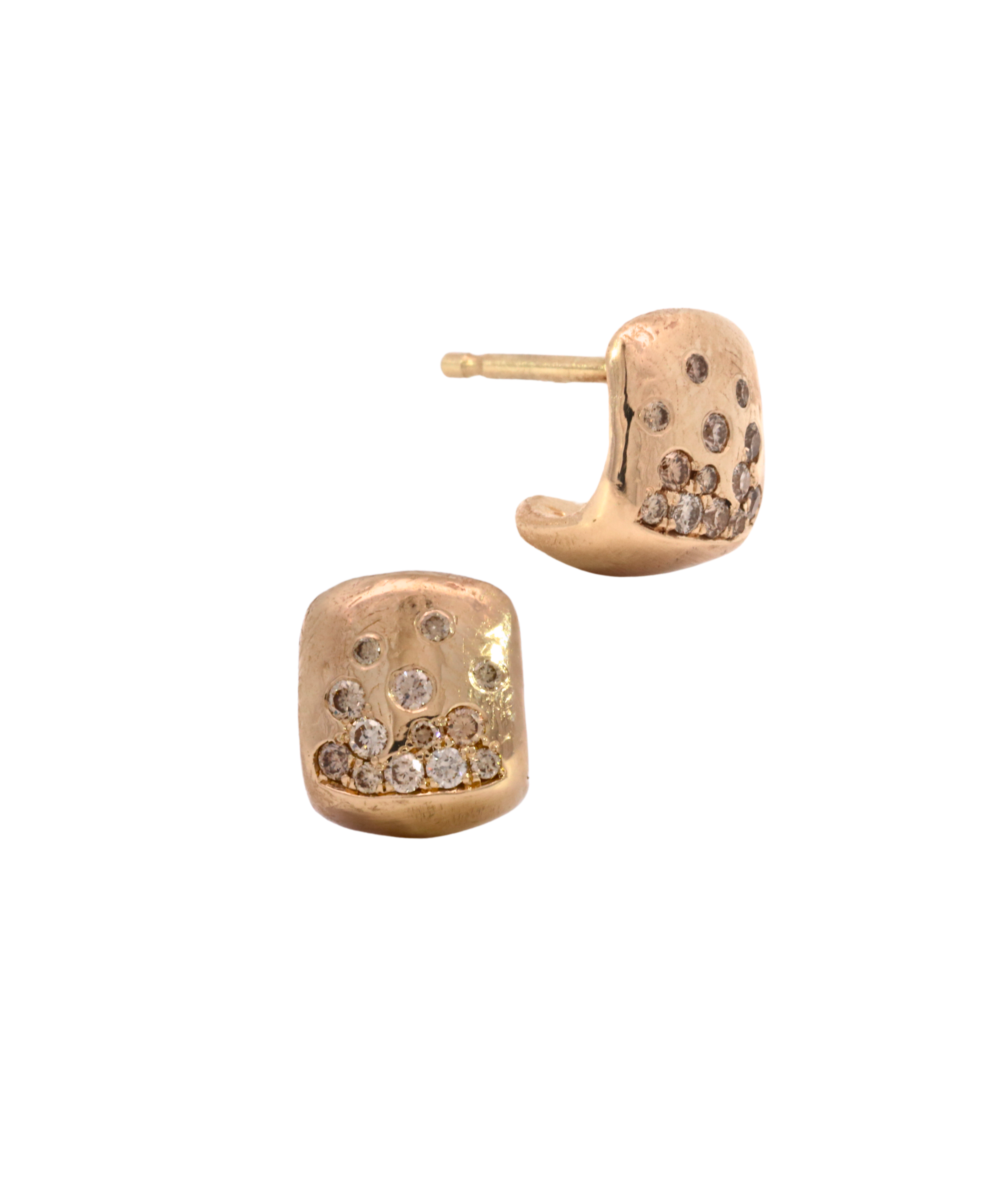 BOX Earrings worn on ear, 14K Fairmined gold
