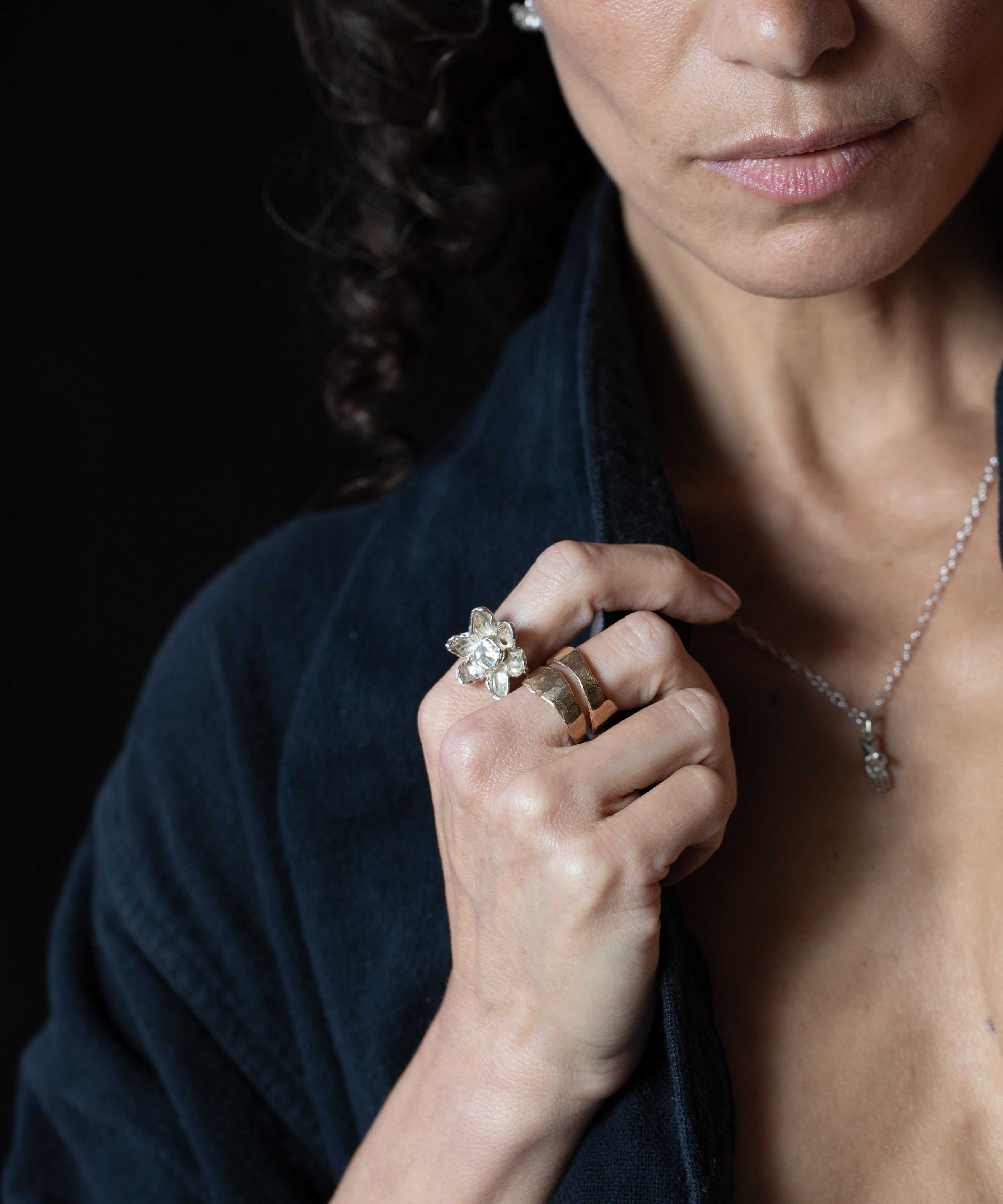 RORA Giant Flower Signet Ring scale view, recycled sterling silver and 14K gold with sapphire
